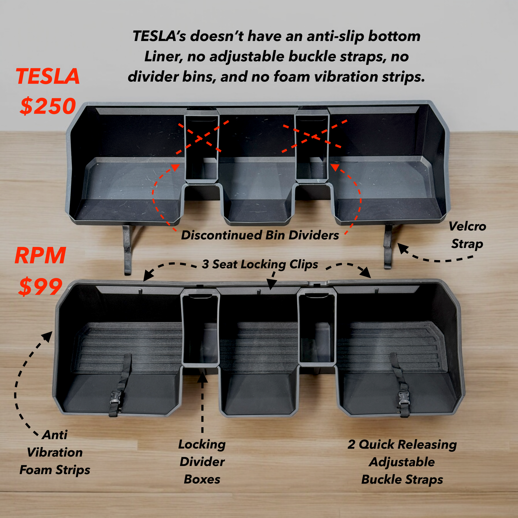 Cybertruck Under Backseat Strap-In Storage Bins - With Dividers
