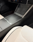 2026+ | Model Y Juniper Refreshed "Plain Weave" (Performance Look) Center Console Combo Side Panel & Charging Pad Overlay (1 Piece) - Real Dry Molded Carbon Fiber