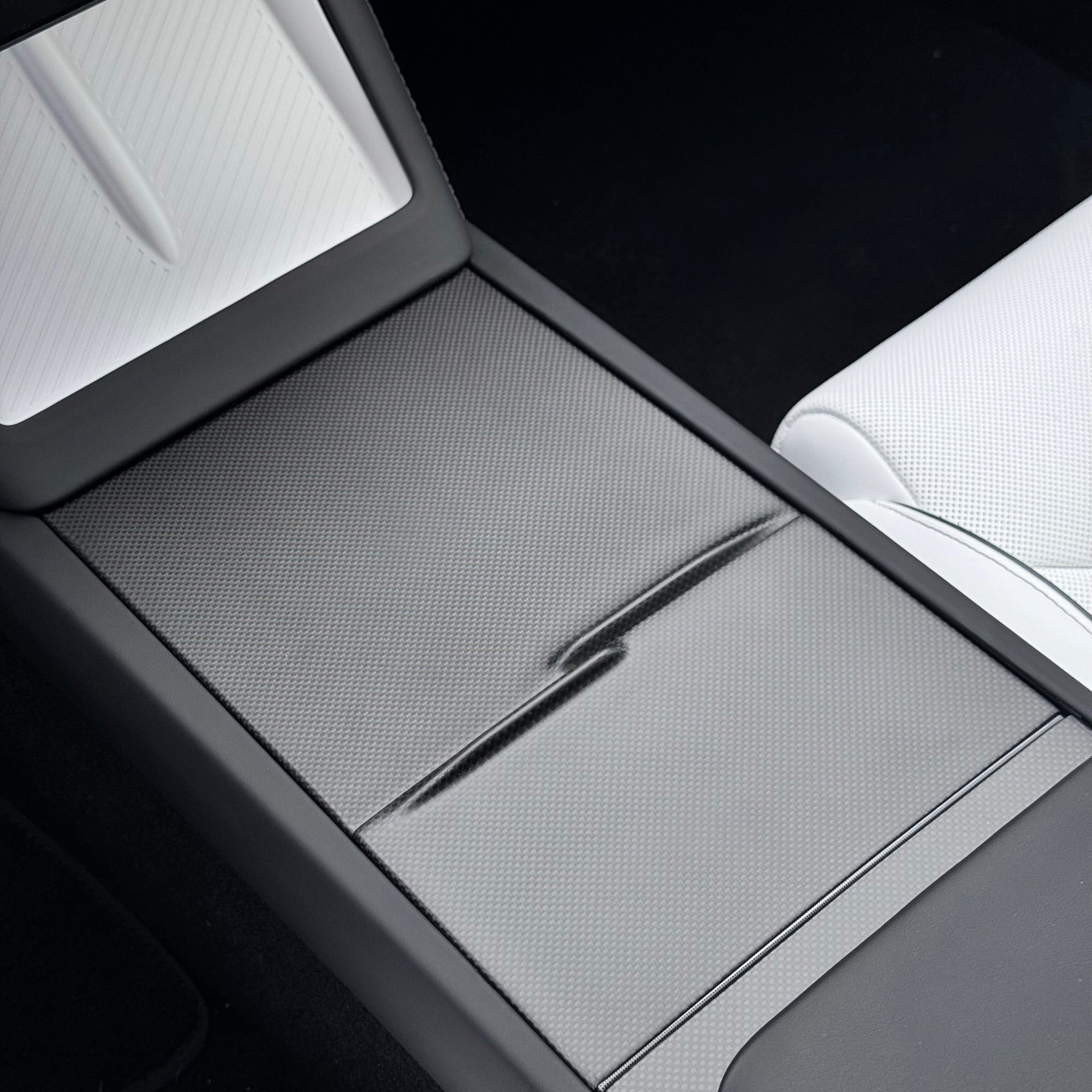 2026+ | Model Y Juniper Refreshed "Plain Weave" (Performance Look) Extended Front Cup Holder & Center Console Full Overlay 2.0 (4 Piece Kit) - Real Dry Molded Carbon Fiber