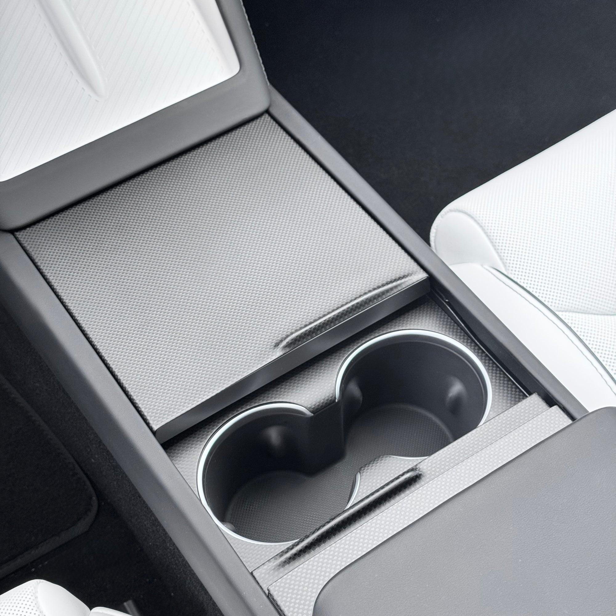 2026+ | Model Y Juniper Refreshed "Plain Weave" (Performance Look) Extended Front Cup Holder & Center Console Full Overlay 2.0 (4 Piece Kit) - Real Dry Molded Carbon Fiber