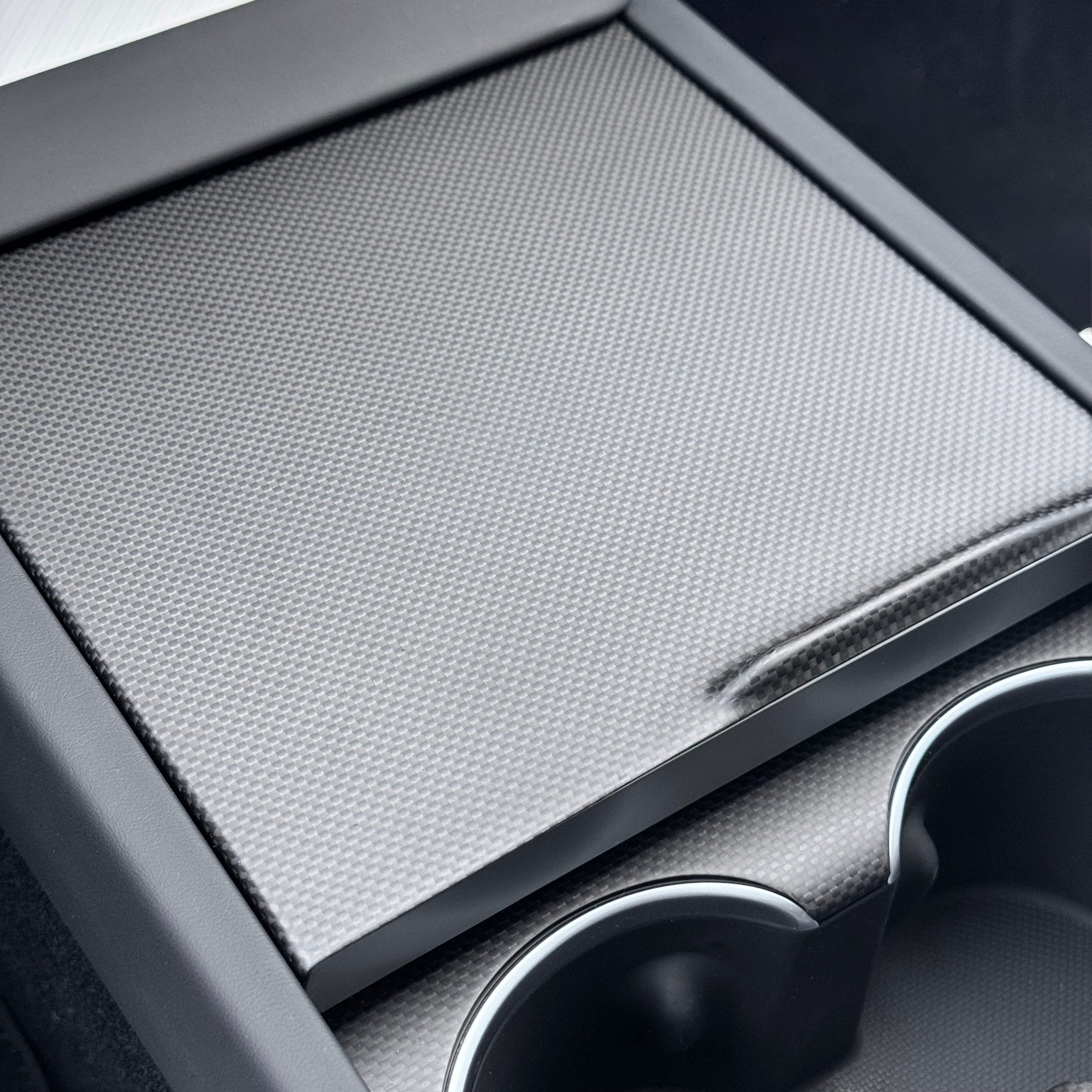 2026+ | Model Y Juniper Refreshed "Plain Weave" (Performance Look) Extended Front Cup Holder & Center Console Full Overlay 2.0 (4 Piece Kit) - Real Dry Molded Carbon Fiber