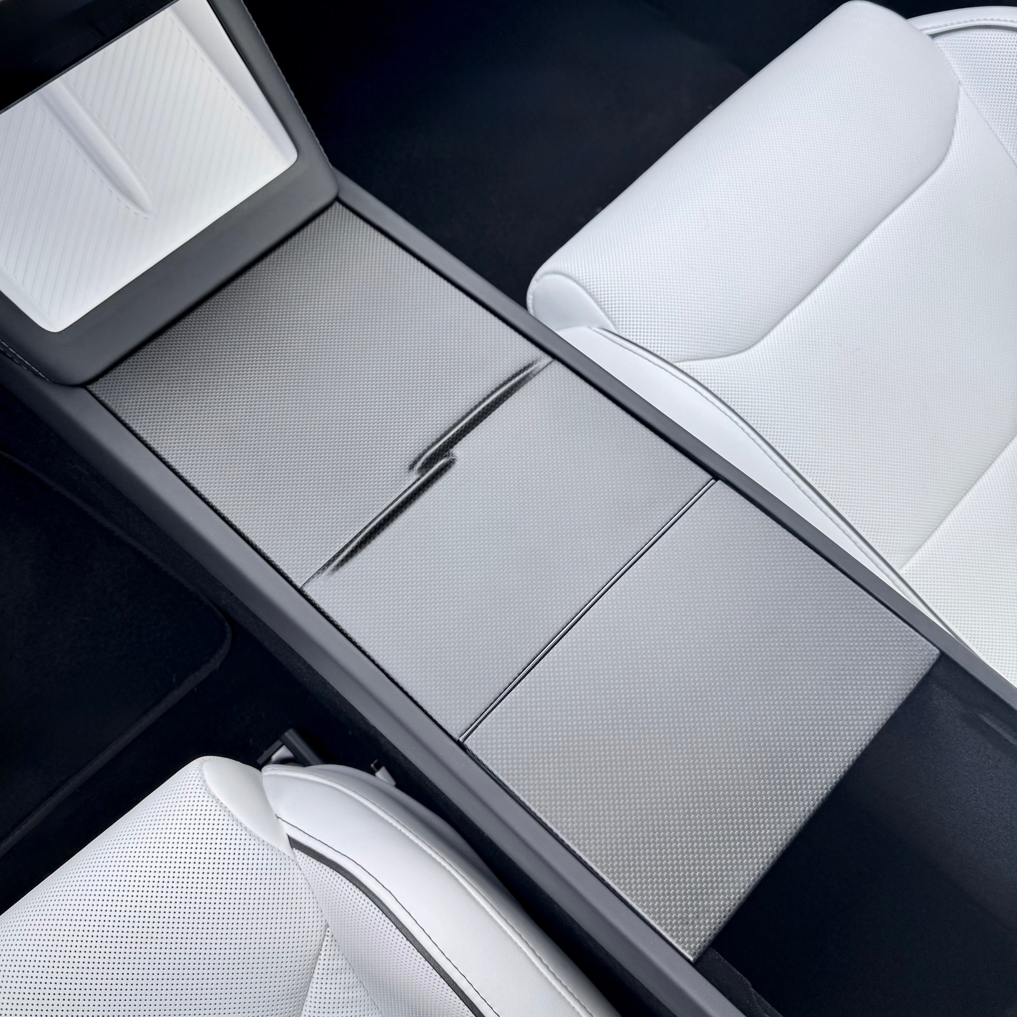 2026+ | Model Y Juniper Refreshed "Plain Weave" (Performance Look) Extended Front Cup Holder & Center Console Full Overlay 2.0 (4 Piece Kit) - Real Dry Molded Carbon Fiber