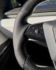 Cybertruck Round Sport Grip Style Steering Wheel Heated - TESLA OEM Core, Reshaped & Resurfaced in Carbon Fiber & Napa Leather
