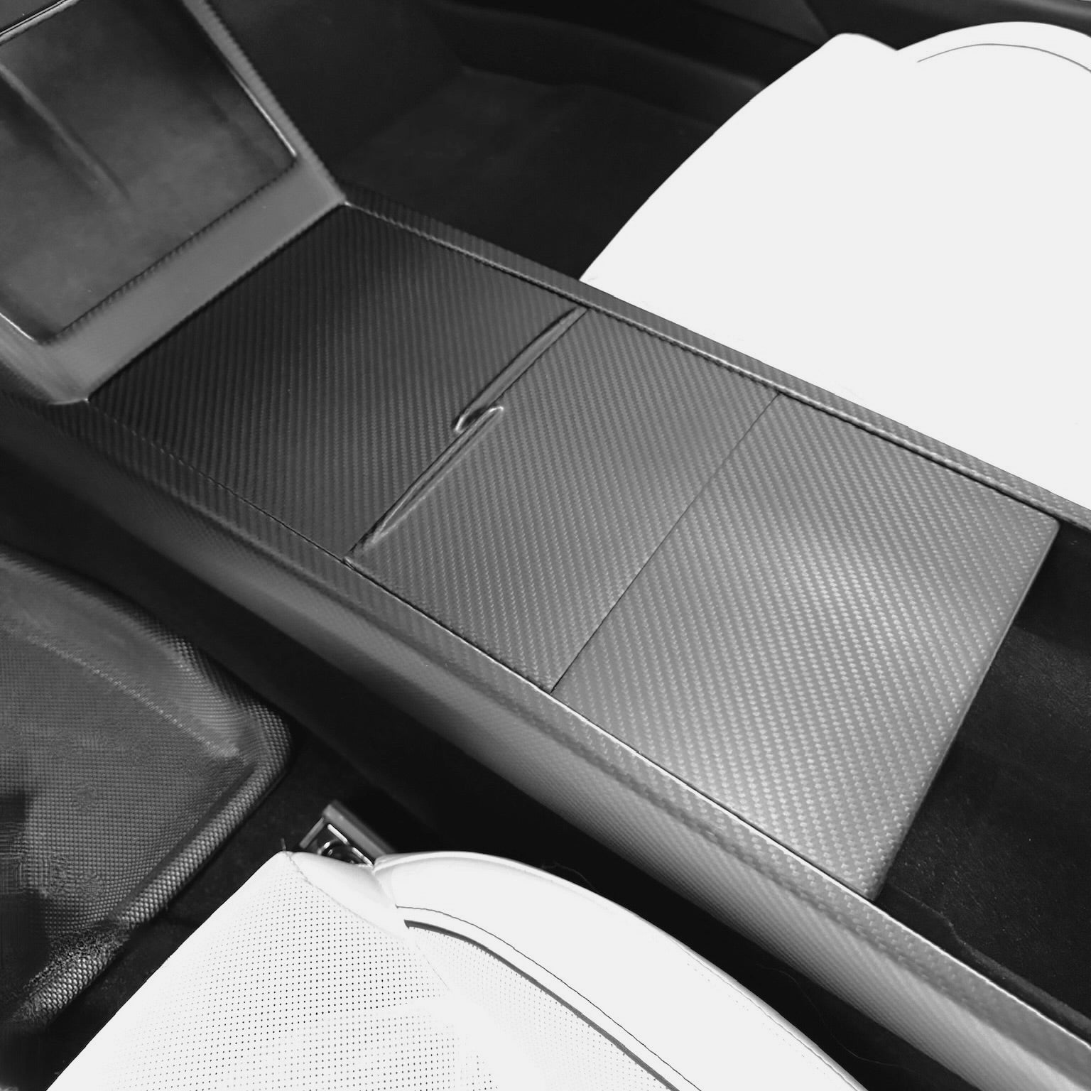 2026+ | Model Y Juniper Refreshed Extended Front Cup Holder & Center Console Full Overlay 2.0 (4 Piece Kit) - Real Dry Molded Carbon Fiber
