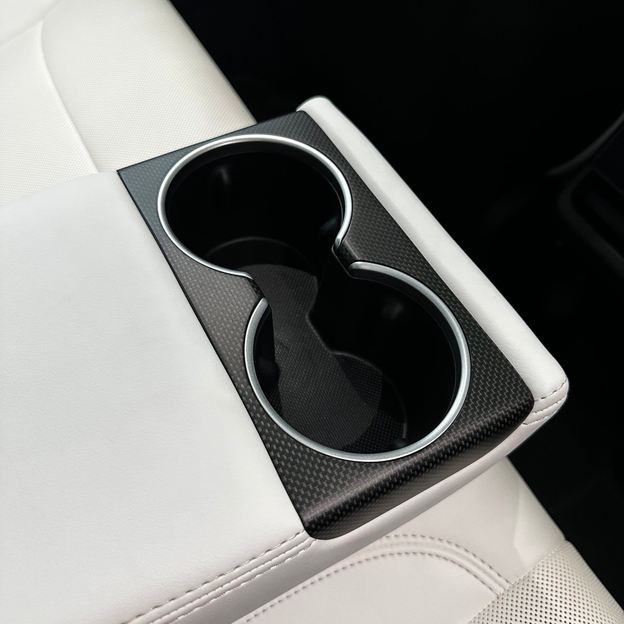 2024+ | Model 3 Highland Refreshed "Plain Weave" (Performance Look) Backseat Cup Holder Overlay - Real Dry Molded Carbon Fiber