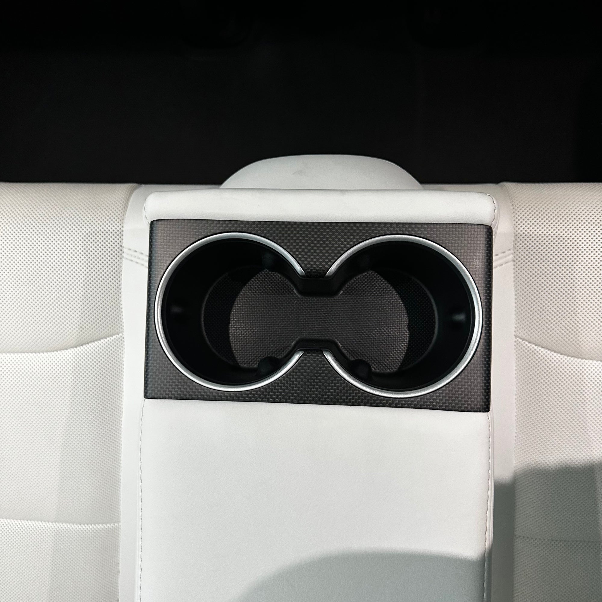 2024+ | Model 3 Highland Refreshed "Plain Weave" (Performance Look) Backseat Cup Holder Overlay - Real Dry Molded Carbon Fiber