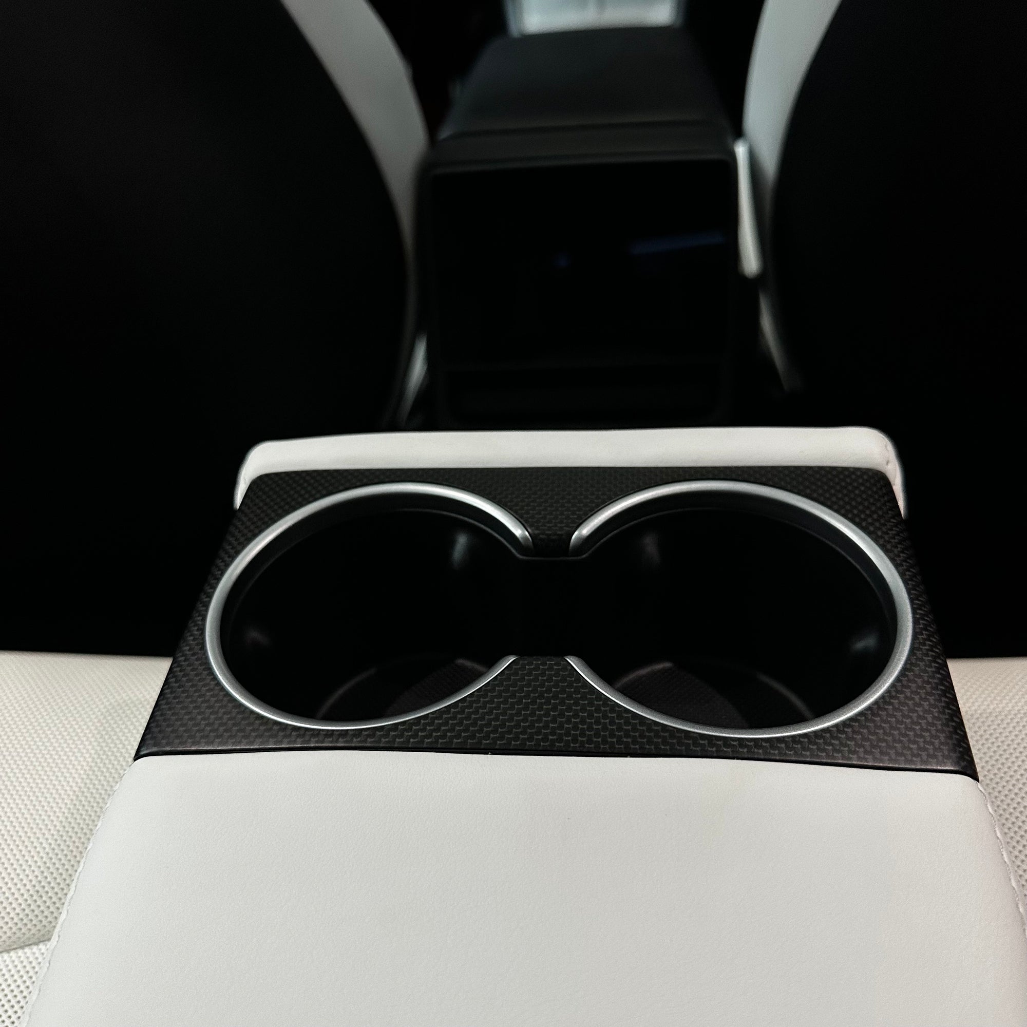 2024+ | Model 3 Highland Refreshed "Plain Weave" (Performance Look) Backseat Cup Holder Overlay - Real Dry Molded Carbon Fiber