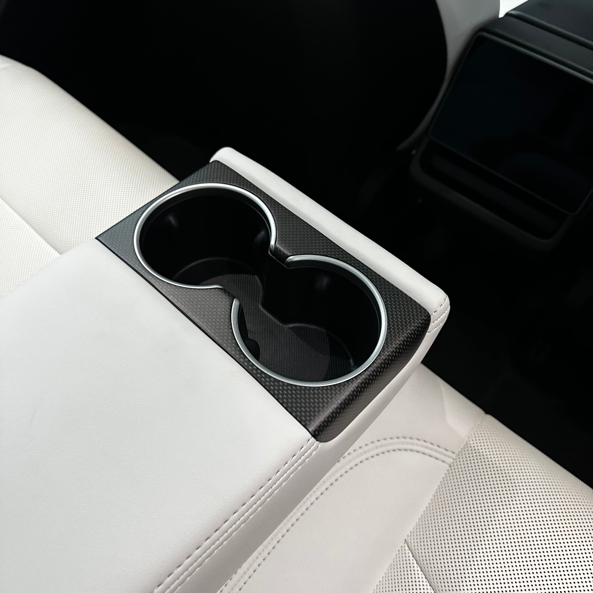 2024+ | Model 3 Highland Refreshed "Plain Weave" (Performance Look) Backseat Cup Holder Overlay - Real Dry Molded Carbon Fiber