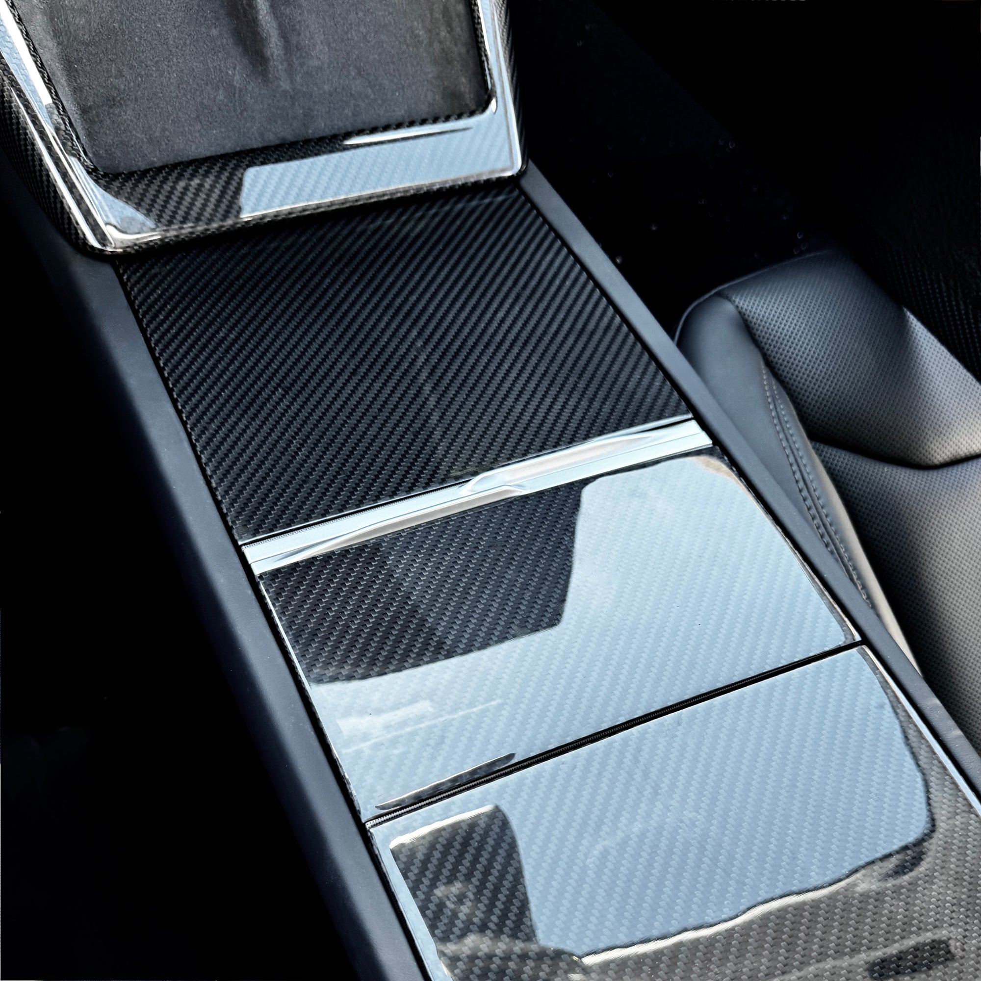 2024+ | Model 3 Highland Refreshed Center Console & Front Cup Holder Overlay 1.0 (4 Piece Kit)  Real Dry Molded Carbon Fiber