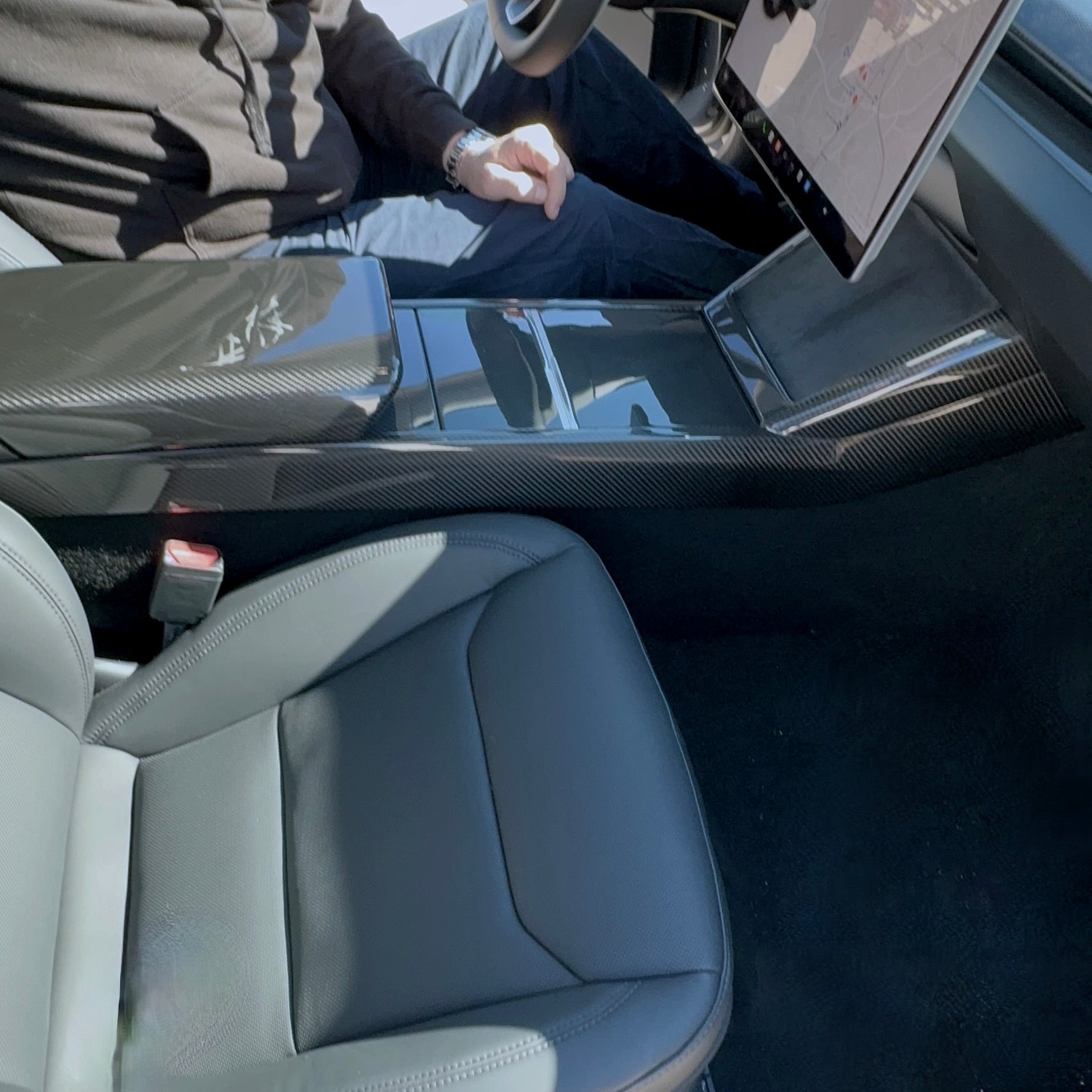 2024+ | Model 3 Highland Refreshed Center Console Combo Side Panel & Charging Pad Overlay (1 Piece) - Real Dry Molded Carbon Fiber