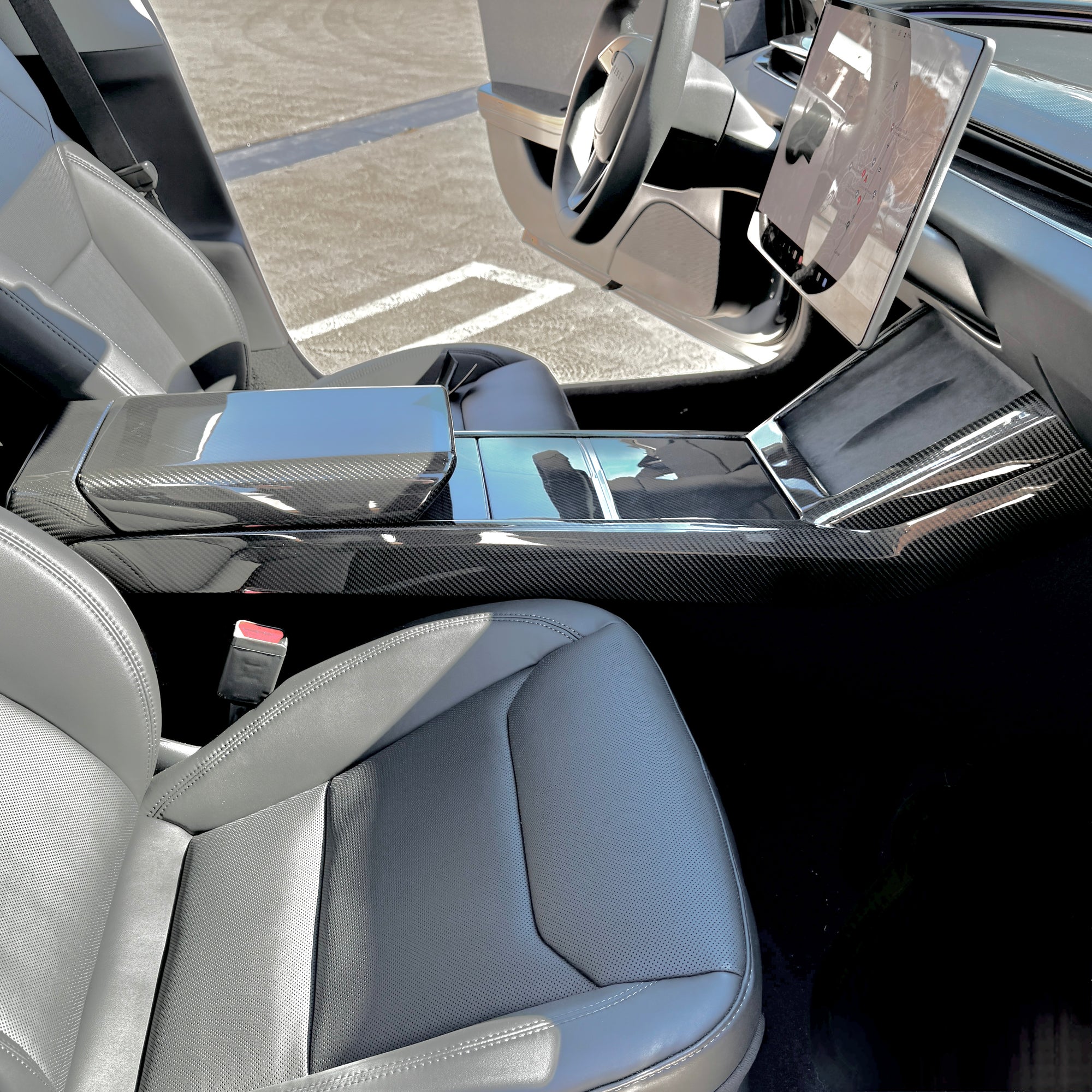 2024+ | Model 3 Highland Refreshed Center Console & Front Cup Holder Overlay 1.0 (4 Piece Kit)  Real Dry Molded Carbon Fiber