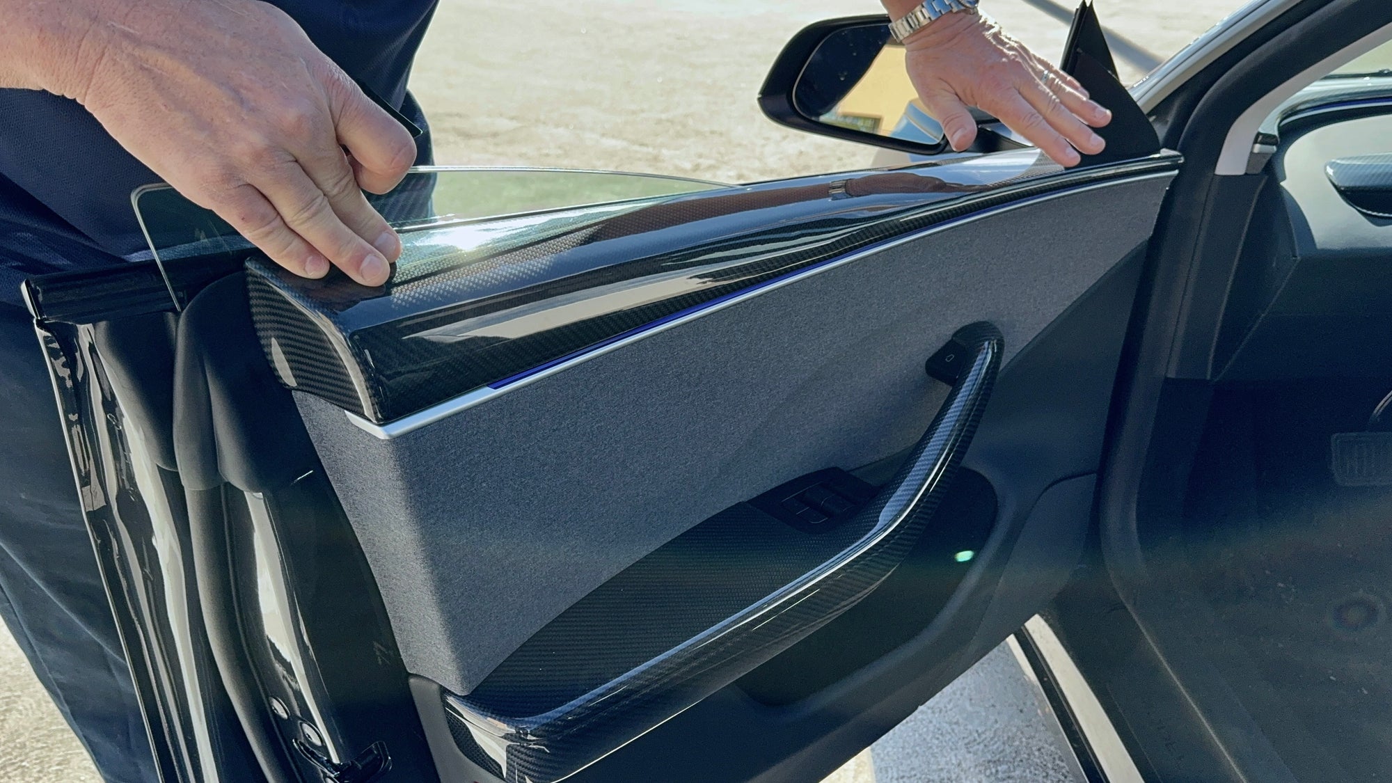 2024+ | Model 3 Highland Refreshed Front & Rear Upper Door Panel Overlays (4 Pieces) - Real Dry Molded Carbon Fiber