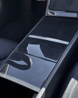 2026+ | Model Y Juniper Refreshed Center Console & Front Cup Holder Overlay 1.0 (4 Piece Kit) Real Dry Molded Carbon Fiber