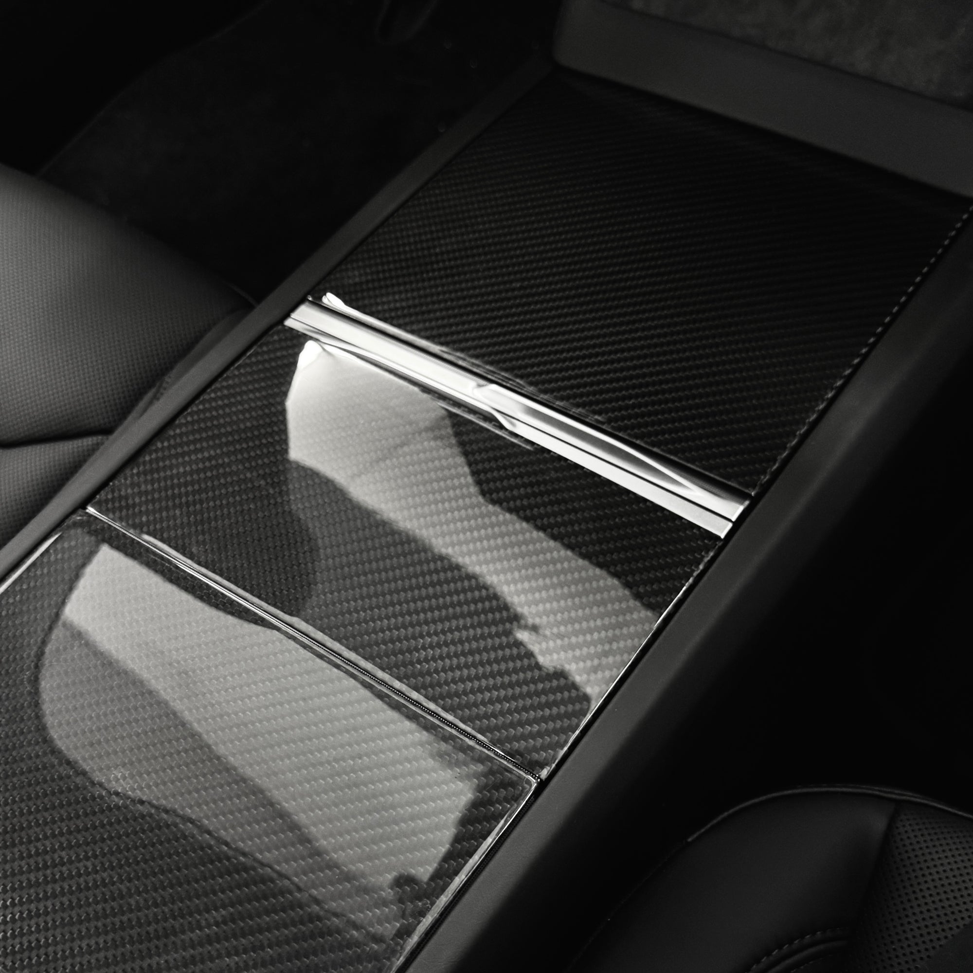 2024+ | Model 3 Highland Refreshed Center Console & Front Cup Holder Overlay 1.0 (4 Piece Kit)  Real Dry Molded Carbon Fiber