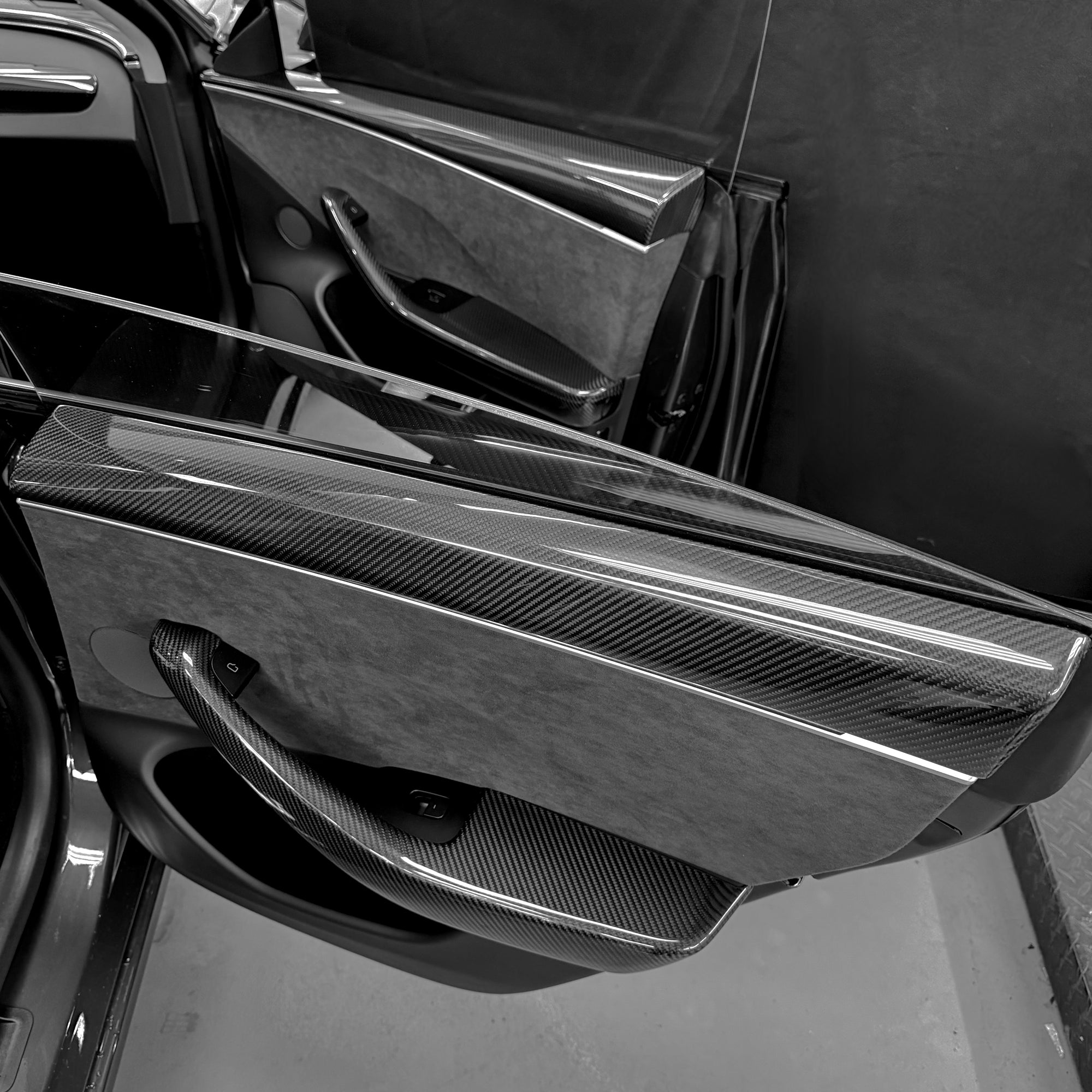 2024+ | Model 3 Highland Refreshed Front & Rear Lower Door Armrest Overlays (4 Pieces) - Real Dry Molded Carbon Fiber