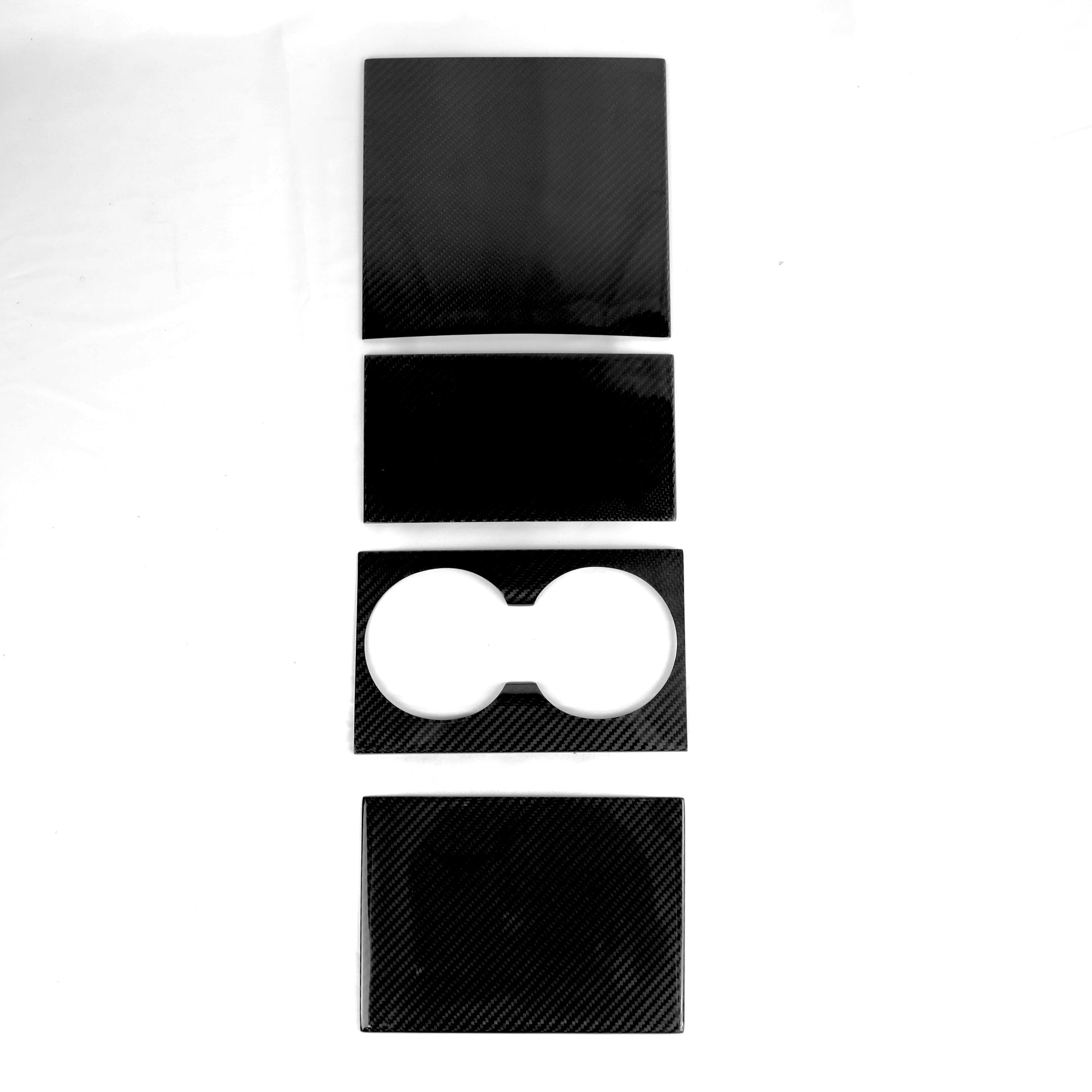 2024+ | Model 3 Highland Refreshed Center Console & Front Cup Holder Overlay 1.0 (4 Piece Kit)  Real Dry Molded Carbon Fiber