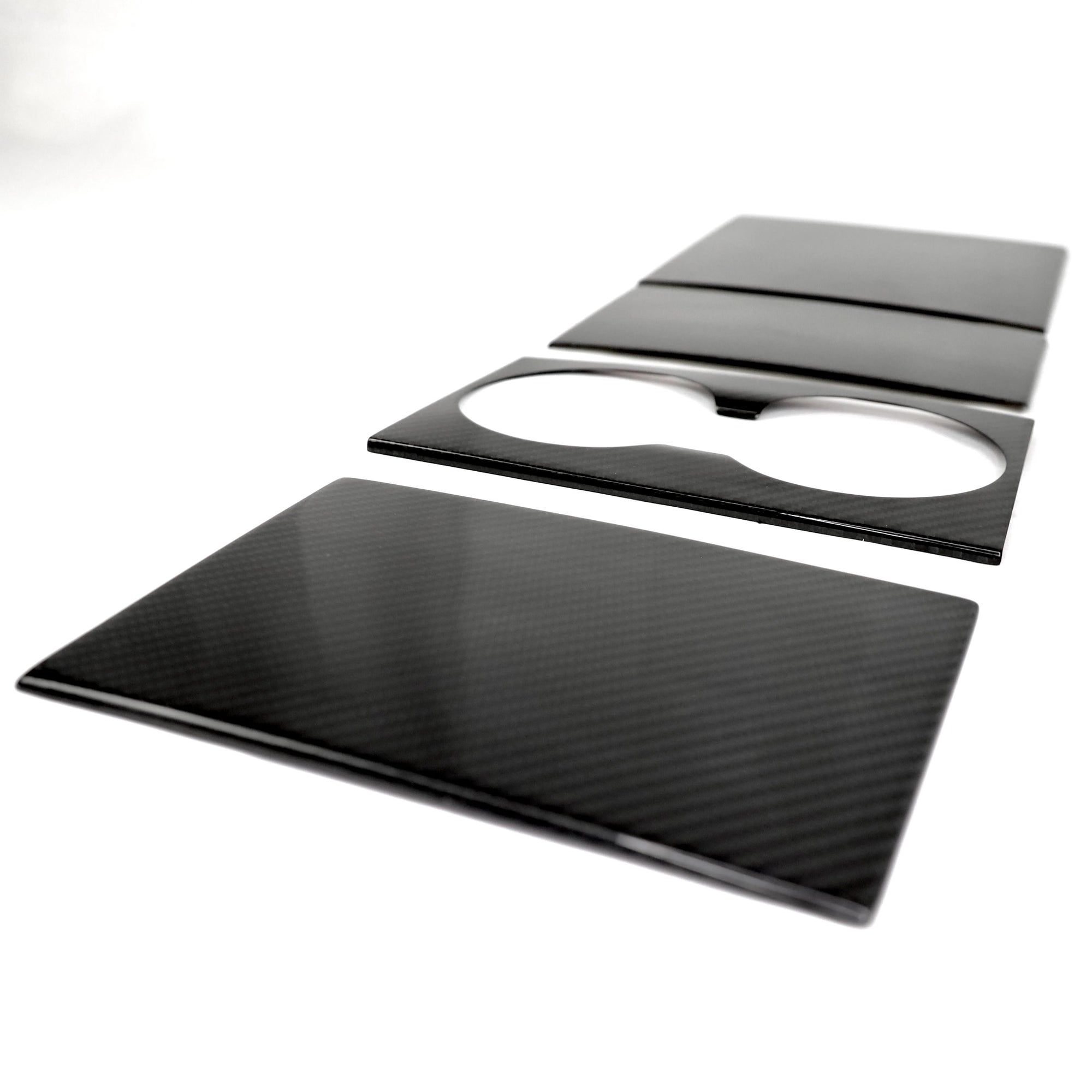 2026+ | Model Y Juniper Refreshed Extended Front Cup Holder & Center Console Full Overlay 2.0 (4 Piece Kit) - Real Dry Molded Carbon Fiber