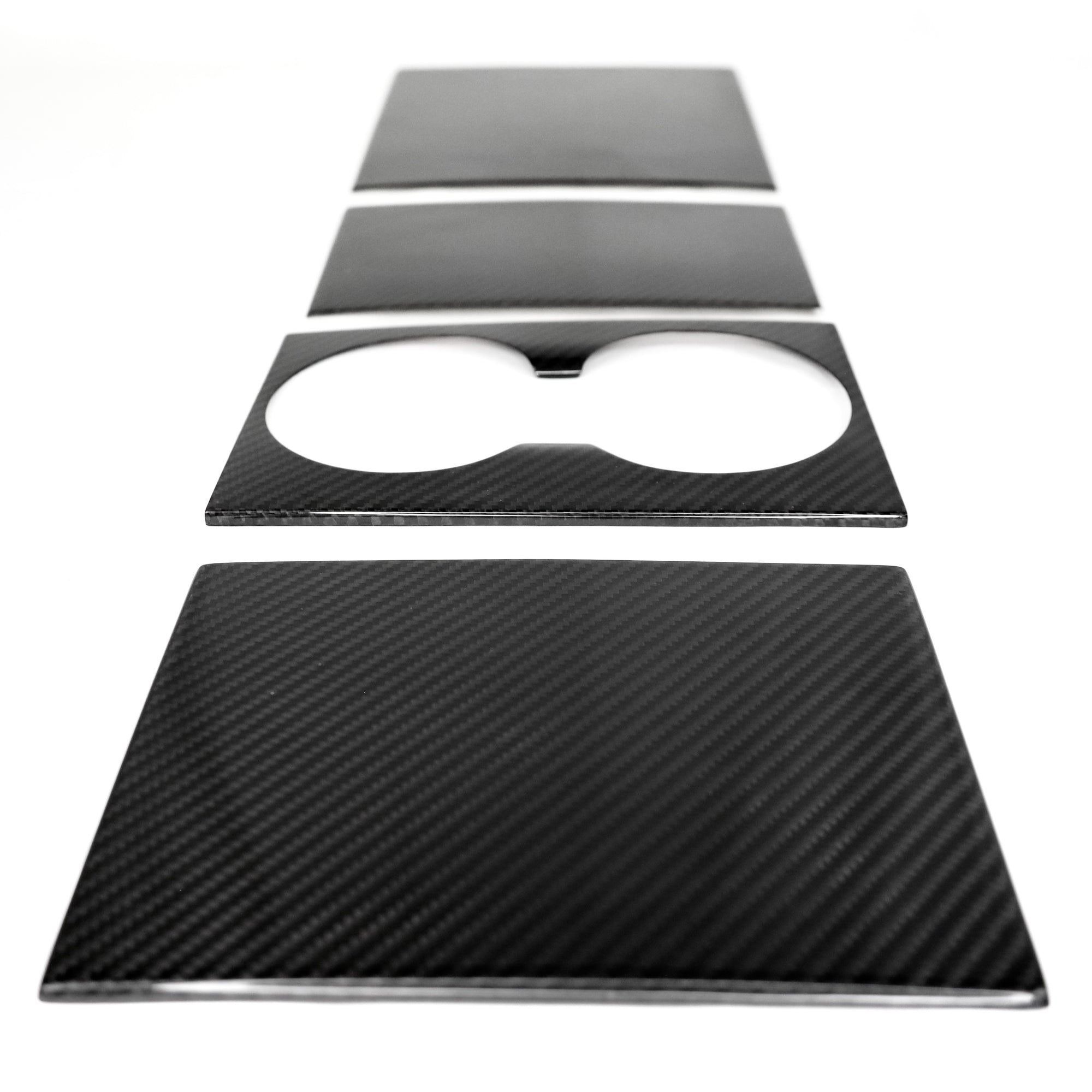 2024+ | Model 3 Highland Refreshed Center Console & Front Cup Holder Overlay 1.0 (4 Piece Kit)  Real Dry Molded Carbon Fiber