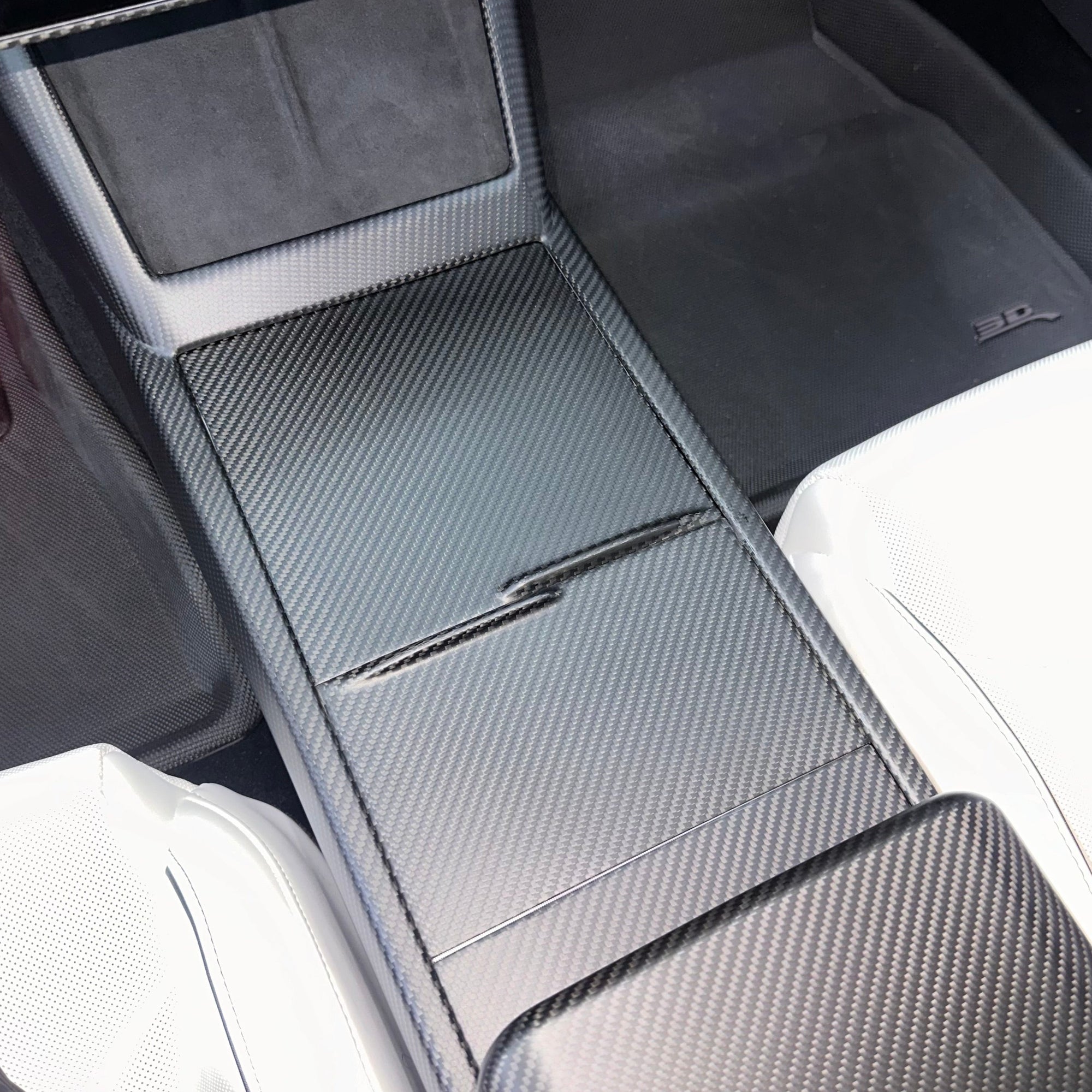 2026+ | Model Y Juniper Refreshed Extended Front Cup Holder & Center Console Full Overlay 2.0 (4 Piece Kit) - Real Dry Molded Carbon Fiber