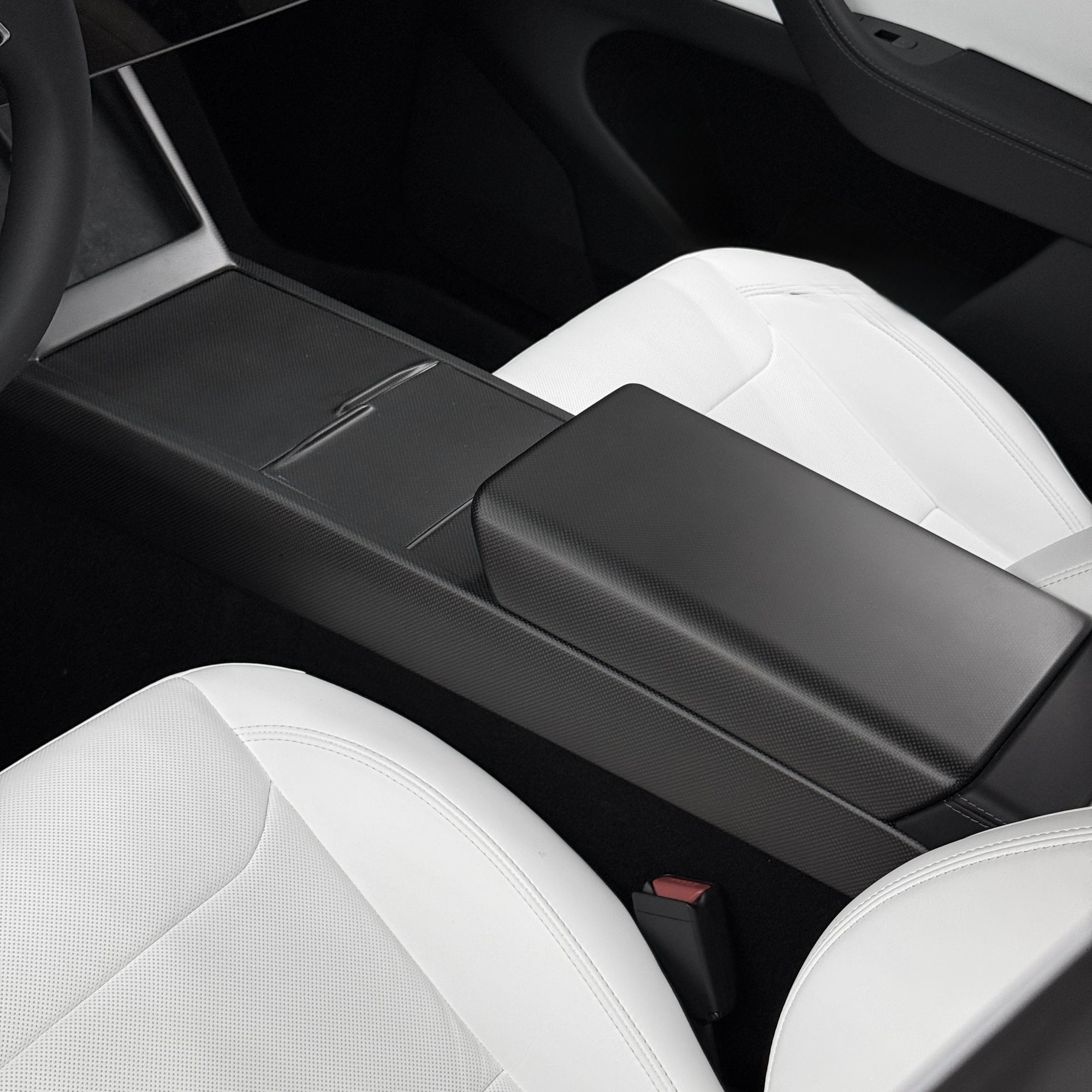 2026+ | Model Y Juniper Refreshed "Plain Weave" (Performance Look) Extended Front Cup Holder & Center Console Full Overlay 2.0 (4 Piece Kit) - Real Dry Molded Carbon Fiber
