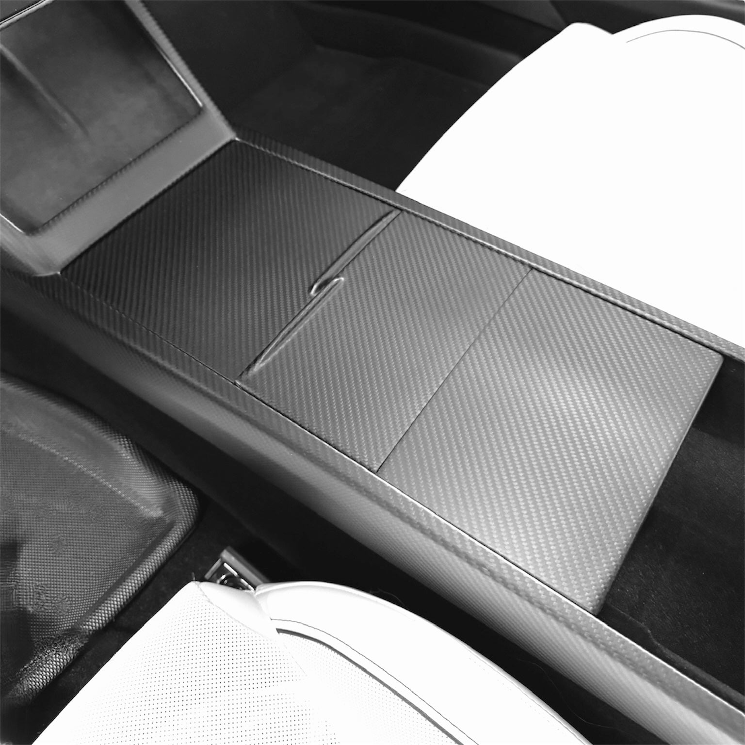 2026+ | Model Y Juniper Refreshed Extended Front Cup Holder & Center Console Full Overlay 2.0 (4 Piece Kit) - Real Dry Molded Carbon Fiber