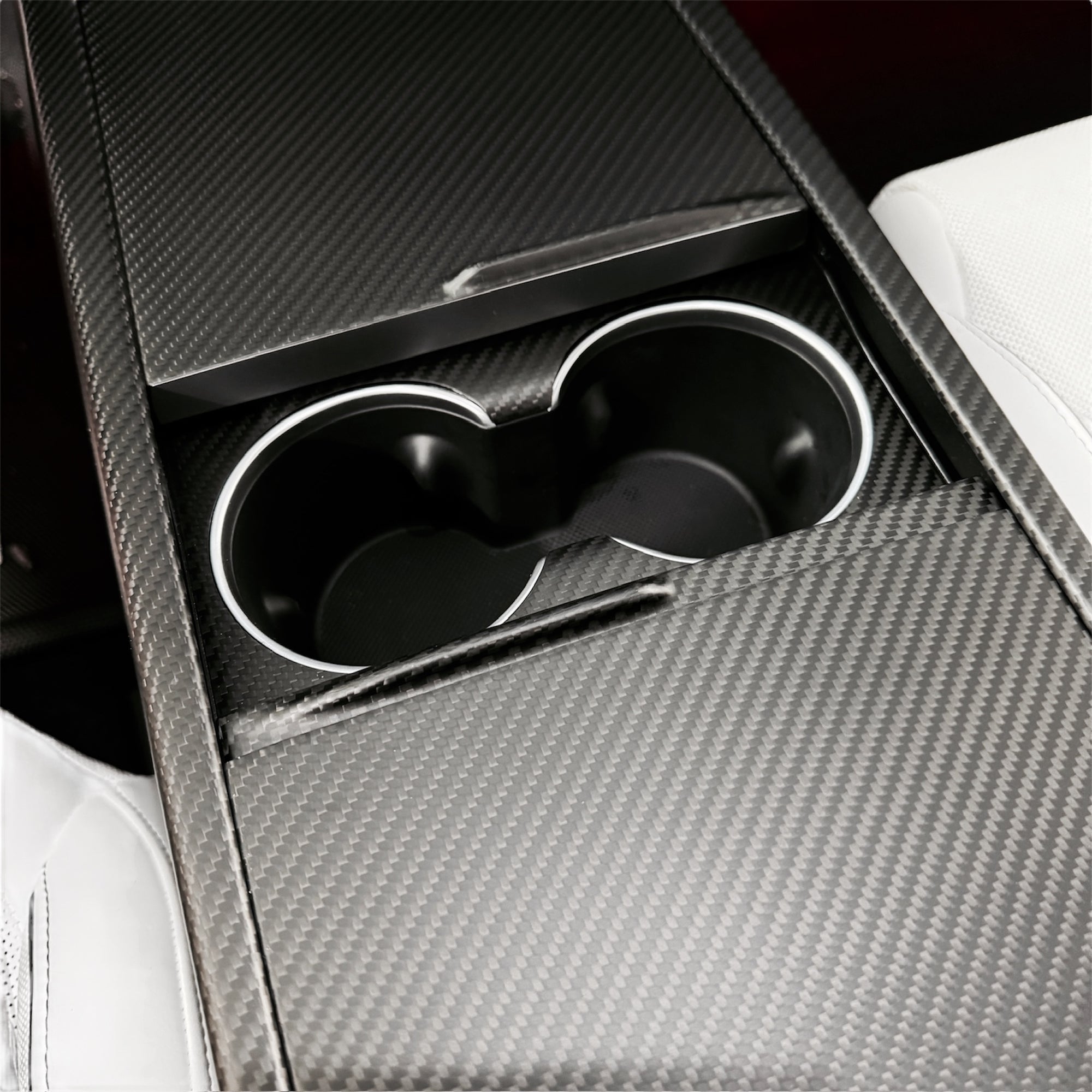 2026+ | Model Y Juniper Refreshed Extended Front Cup Holder & Center Console Full Overlay 2.0 (4 Piece Kit) - Real Dry Molded Carbon Fiber