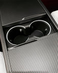 2024+ | Model 3 Highland Refreshed Extended Front Cup Holder & Center Console Full Overlay 2.0 (4 Piece Kit) - Real Dry Molded Carbon Fiber
