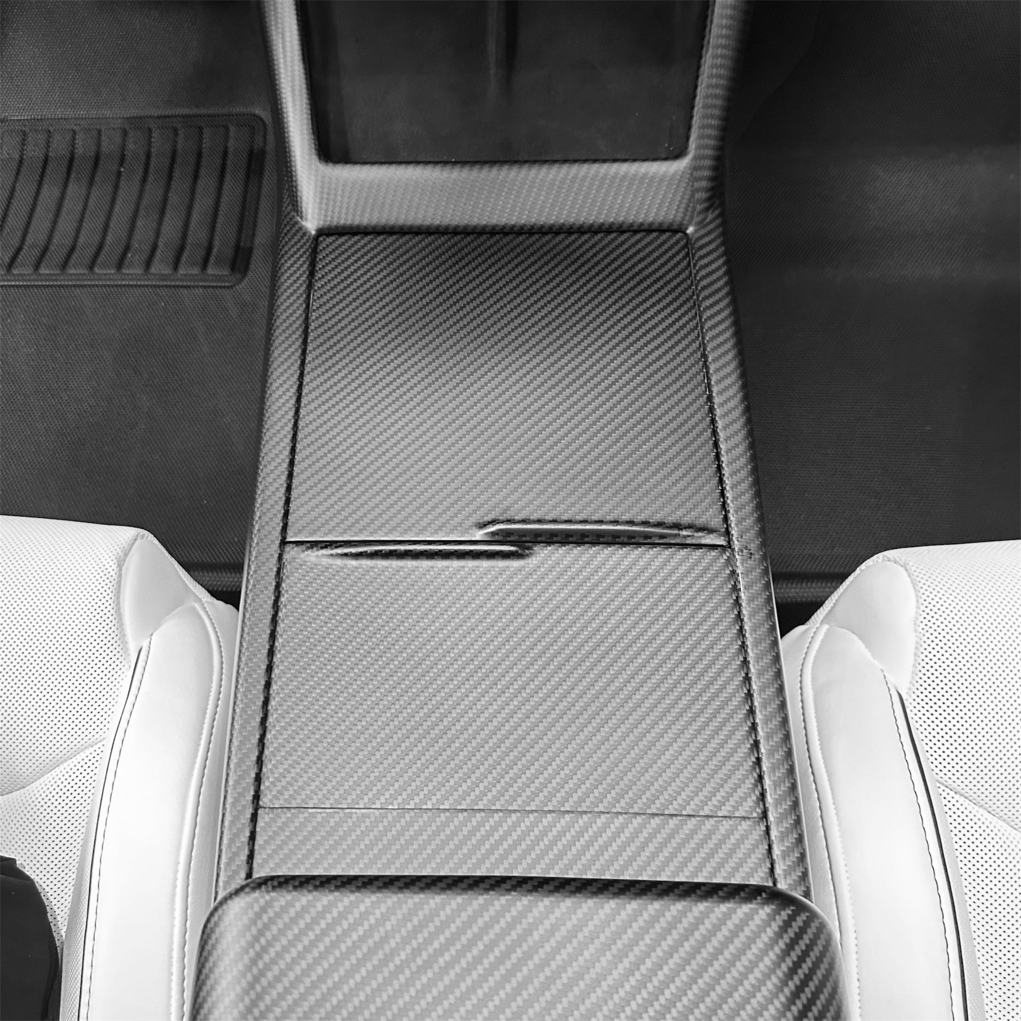 2026+ | Model Y Juniper Refreshed Extended Front Cup Holder & Center Console Full Overlay 2.0 (4 Piece Kit) - Real Dry Molded Carbon Fiber