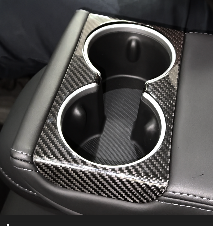 2024+ | Model 3 Backseat Cup Holder Overlay - Real Dry Molded Carbon Fiber