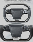 Cybertruck Heated Yoke Steering Wheel - TESLA Factory Original Core, Reshaped & Resurfaced in Real Molded Carbon Fiber & Napa Leather