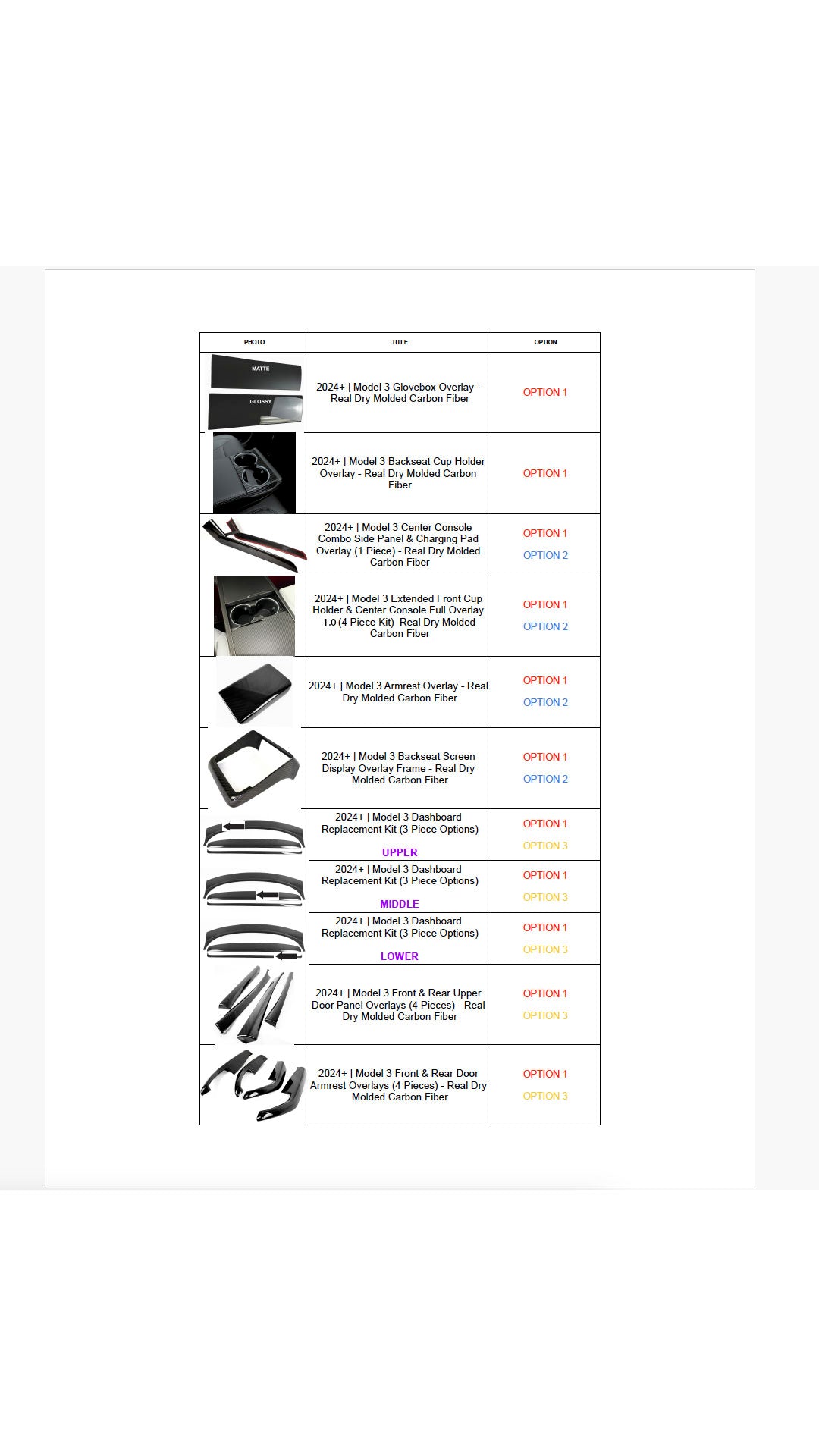2024+ | Model 3 Highland Refreshed Full Interior Carbon Fiber Kit Bundles (20 Pieces) - Real Dry Molded Carbon Fiber