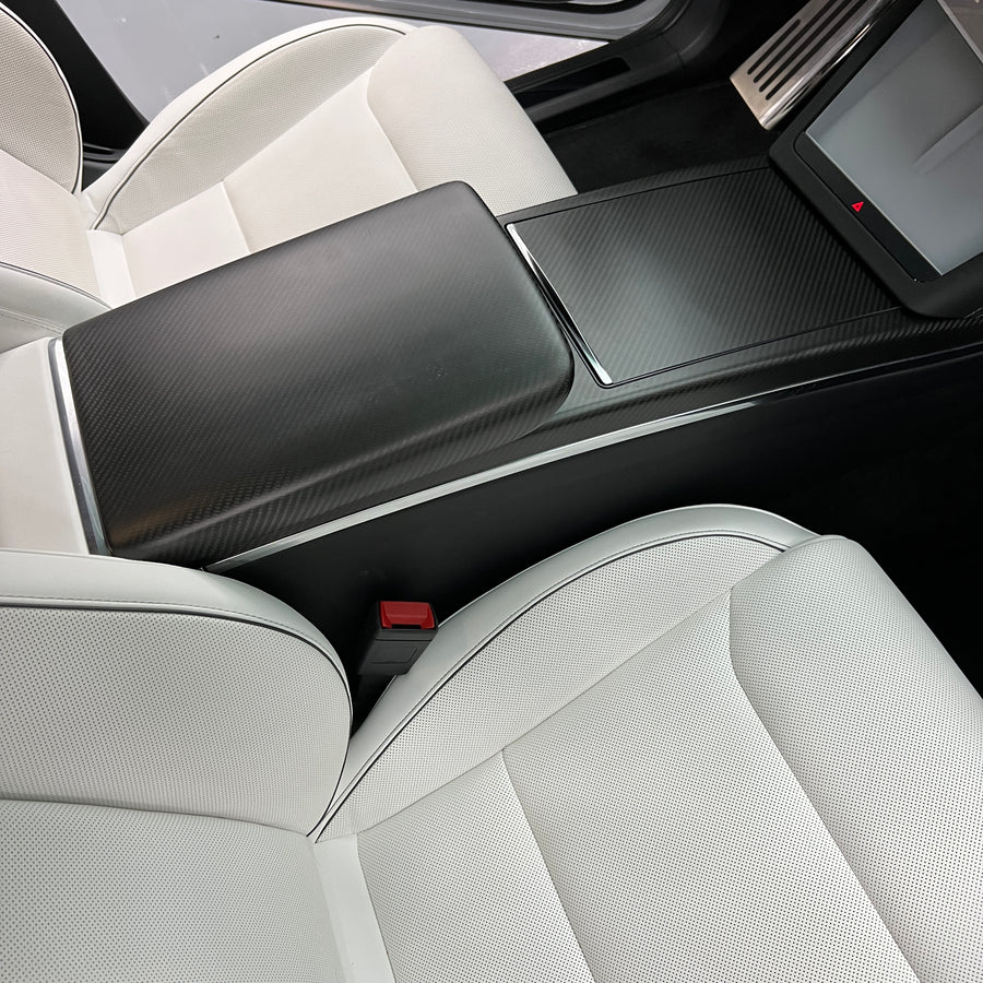 2021+ | Model S & X Center Console Armrest Overlay - Real Molded Carbon Fiber