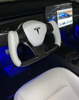 Model 3 & Y Yoke Style Steering Wheel - Carbon Fiber & White Leather Handles