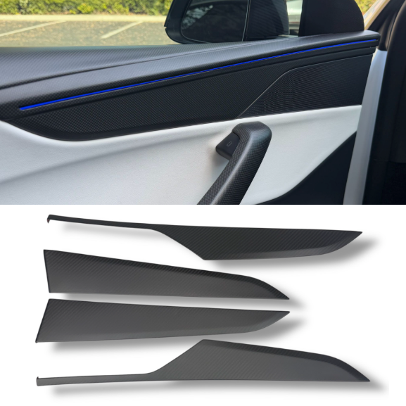 2026+ | Model Y Juniper Refreshed "Plain Weave" Performance Look Door Panel Trim Overlays - Real Dry Molded Carbon Fiber