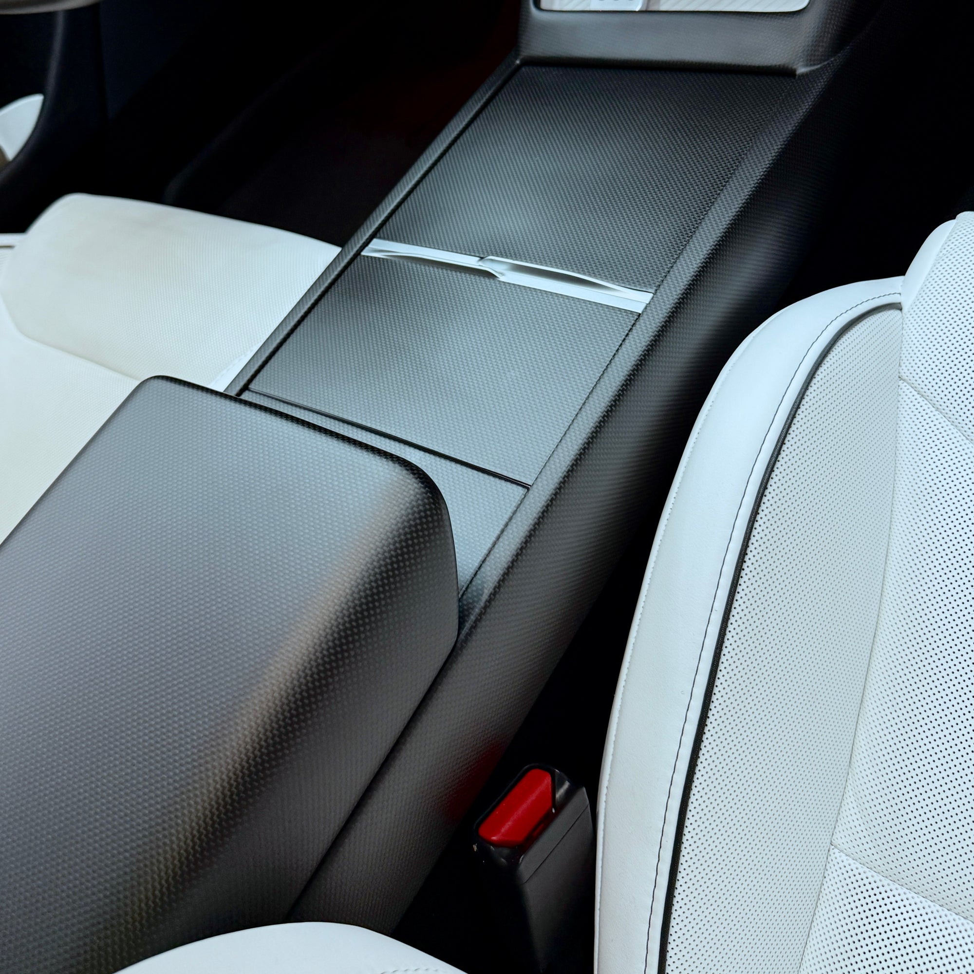 2024+ | Model 3 Highland Refreshed &quot;Plain Weave&quot; (Performance Look) Center Console Combo Side Panel &amp; Charging Pad Overlay (1 Piece) - Real Dry Molded Carbon Fiber