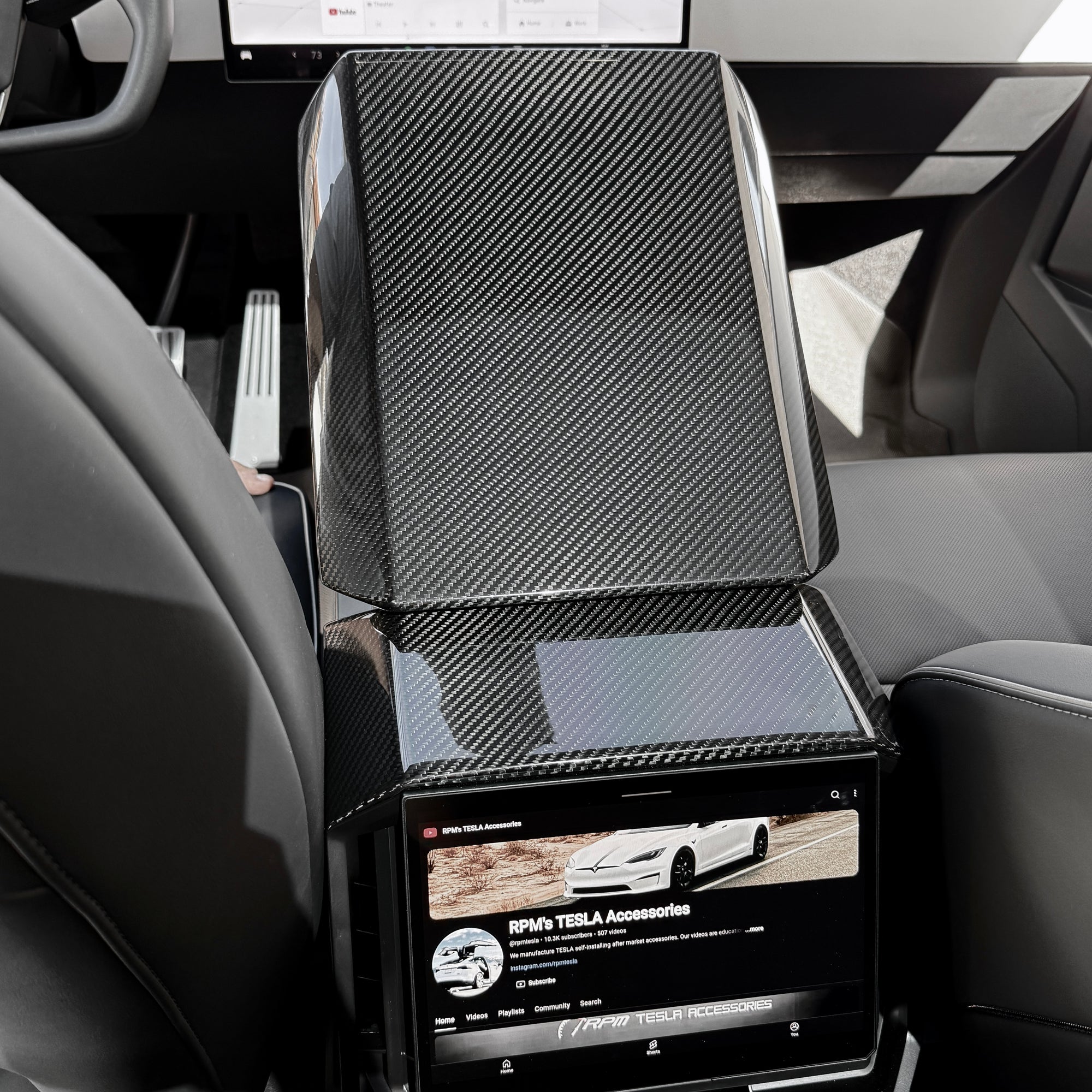 Cybertruck Center Console Armrest &amp; Rear Display Overlay Kit (2 Pieces) - Real Molded Carbon Fiber