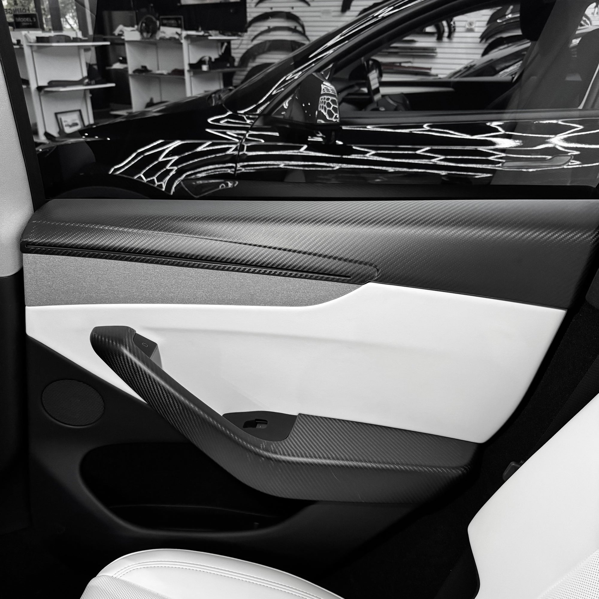 2026+ | Model Y Juniper Refreshed Full Upper Oversized Extended Front &amp; Rear Door Panel Overlays (4 Pieces) - Real Dry Molded Carbon Fiber