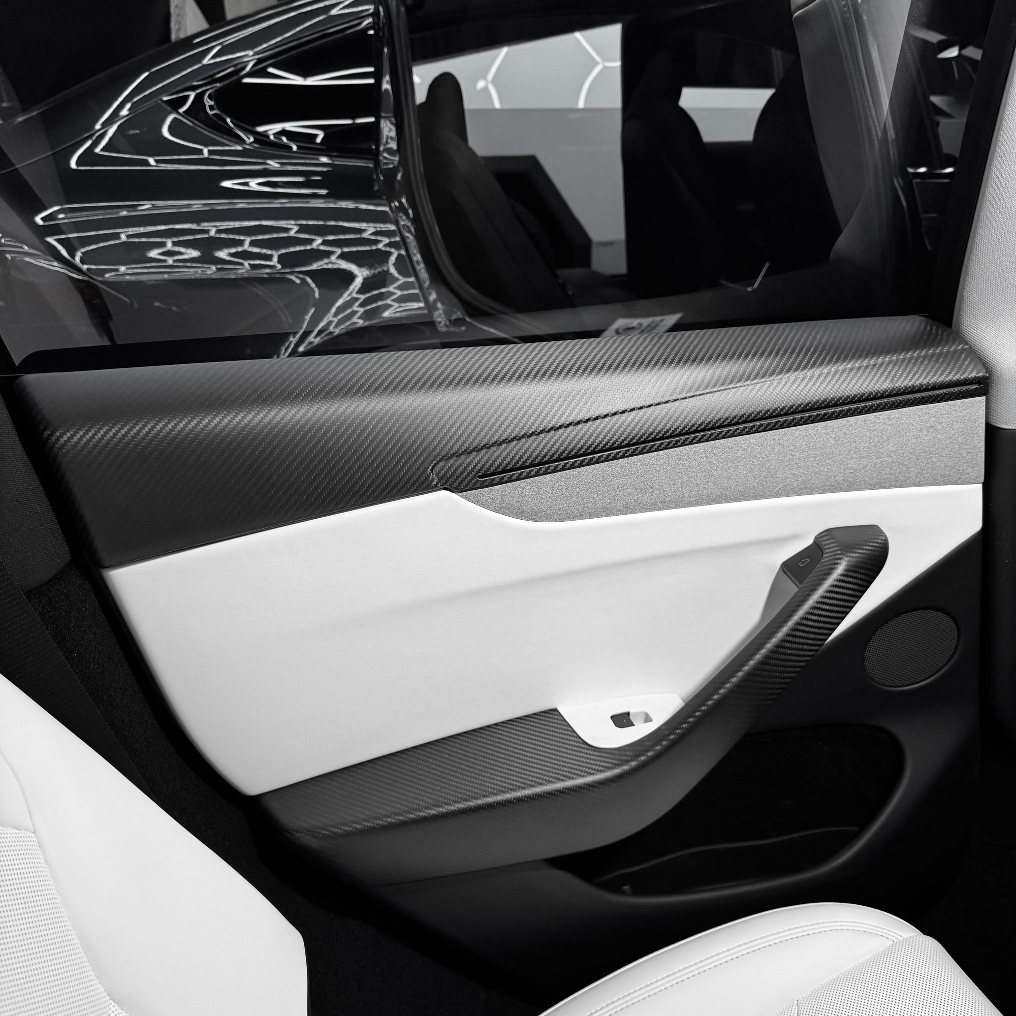 2026+ | Model Y Juniper Refreshed Full Upper Oversized Extended Front &amp; Rear Door Panel Overlays (4 Pieces) - Real Dry Molded Carbon Fiber