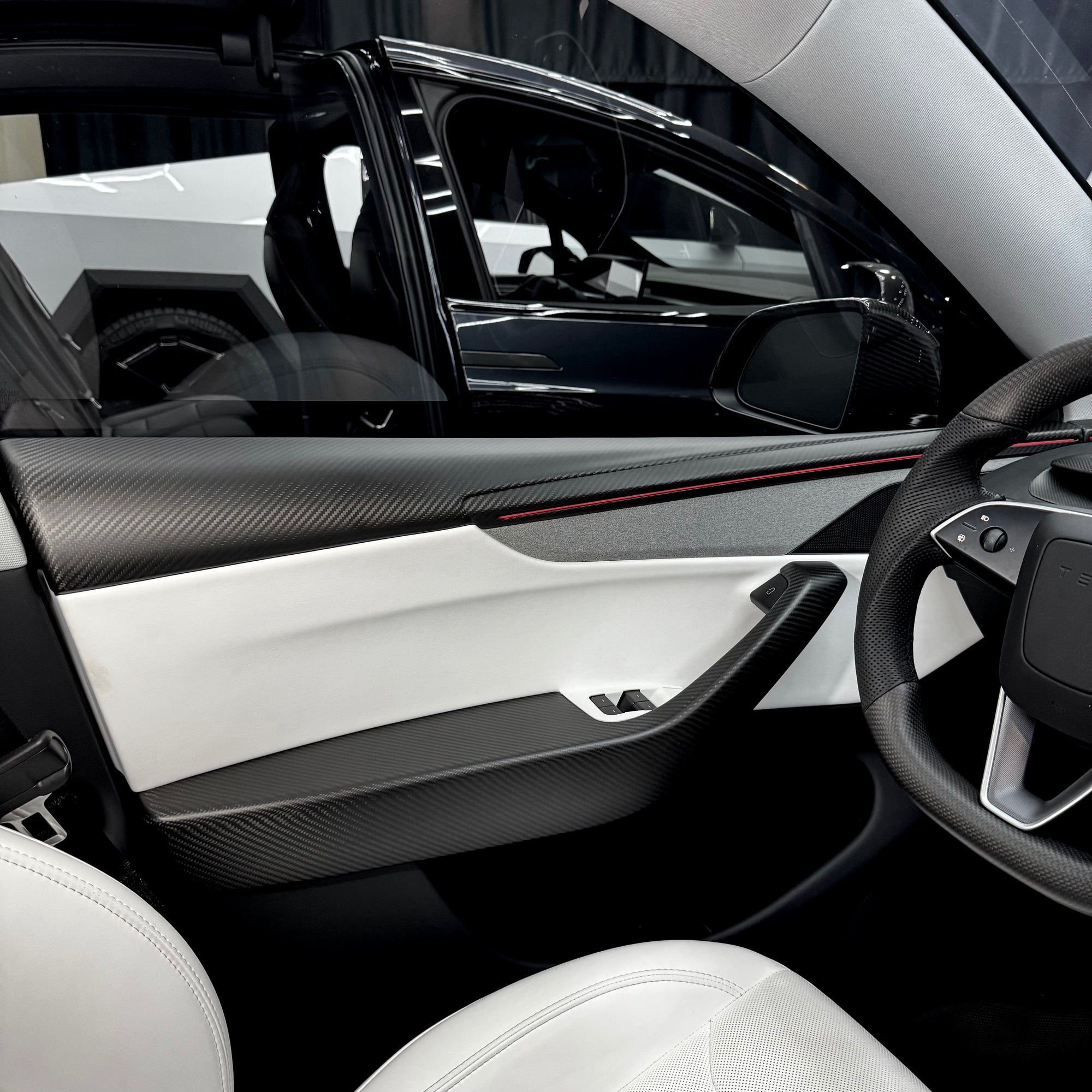 2026+ | Model Y Juniper Refreshed Full Upper Oversized Extended Front &amp; Rear Door Panel Overlays (4 Pieces) - Real Dry Molded Carbon Fiber