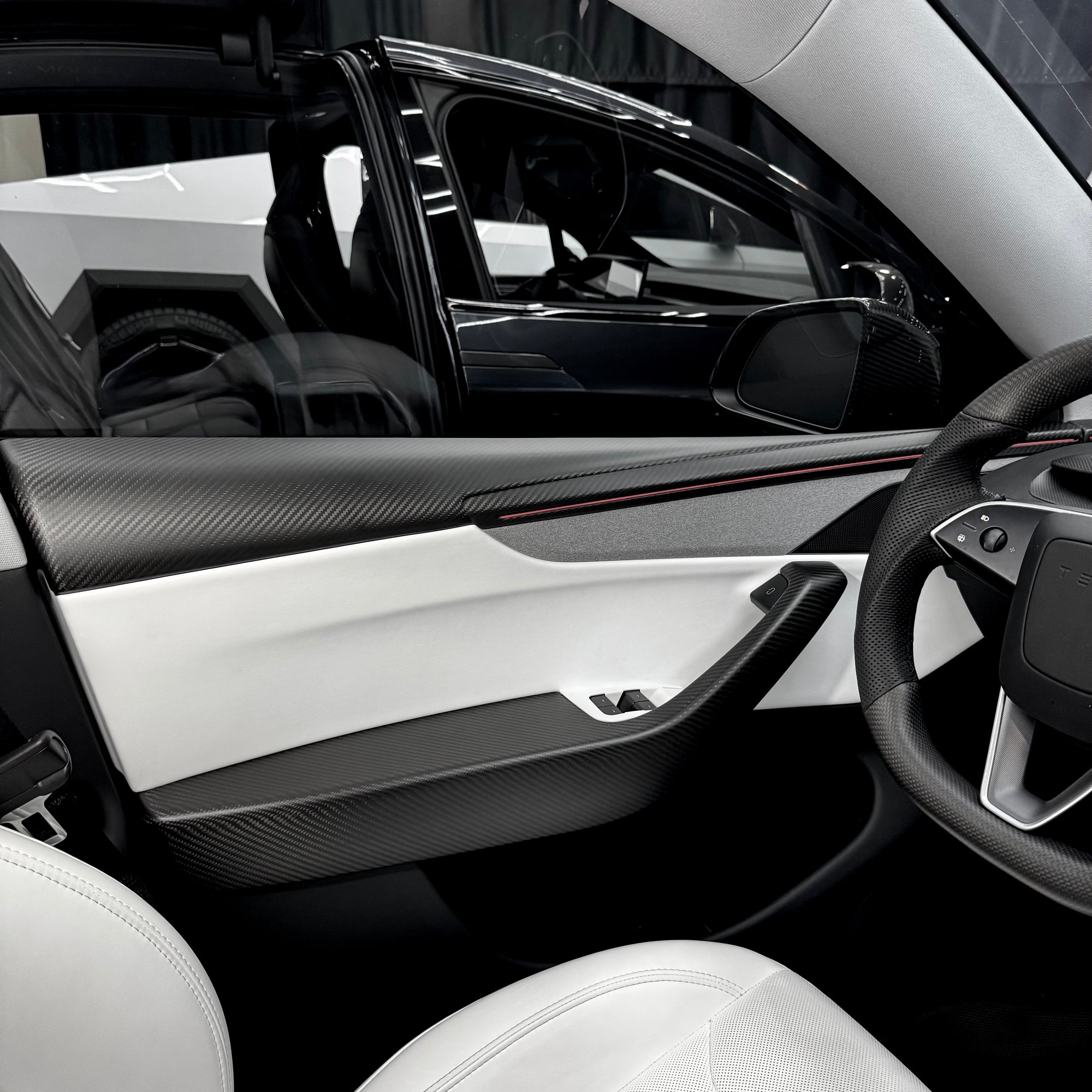 2026+ | Model Y Juniper Refreshed Full Upper Oversized Extended Front &amp; Rear Door Panel Overlays (4 Pieces) - Real Dry Molded Carbon Fiber