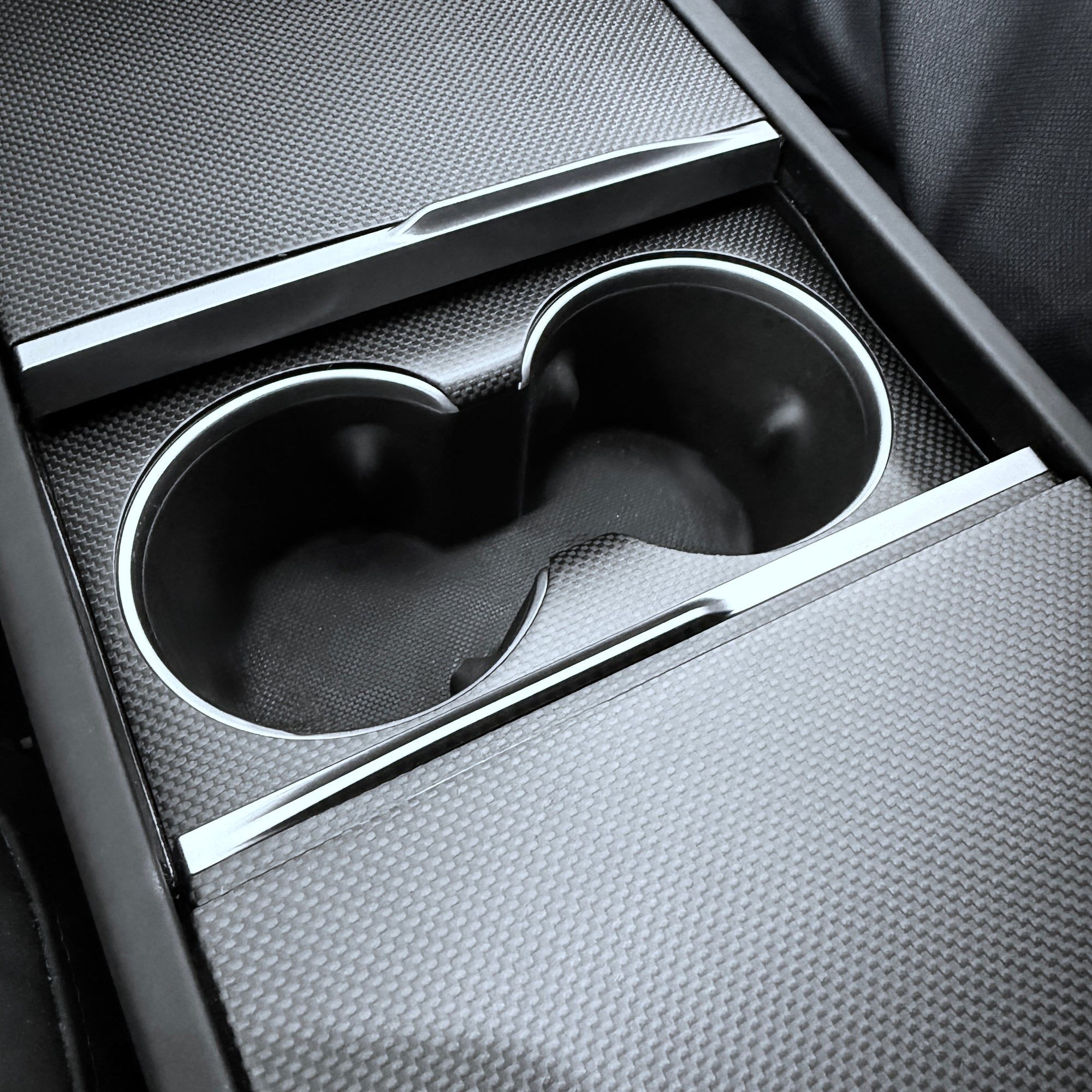 2024+ | Model 3 Highland Refreshed &quot;Plain Weave&quot; (Performance Look) Center Console &amp; Front Cup Holder Overlay 1.0 (4 Piece kit) - Real Dry Molded Carbon Fiber