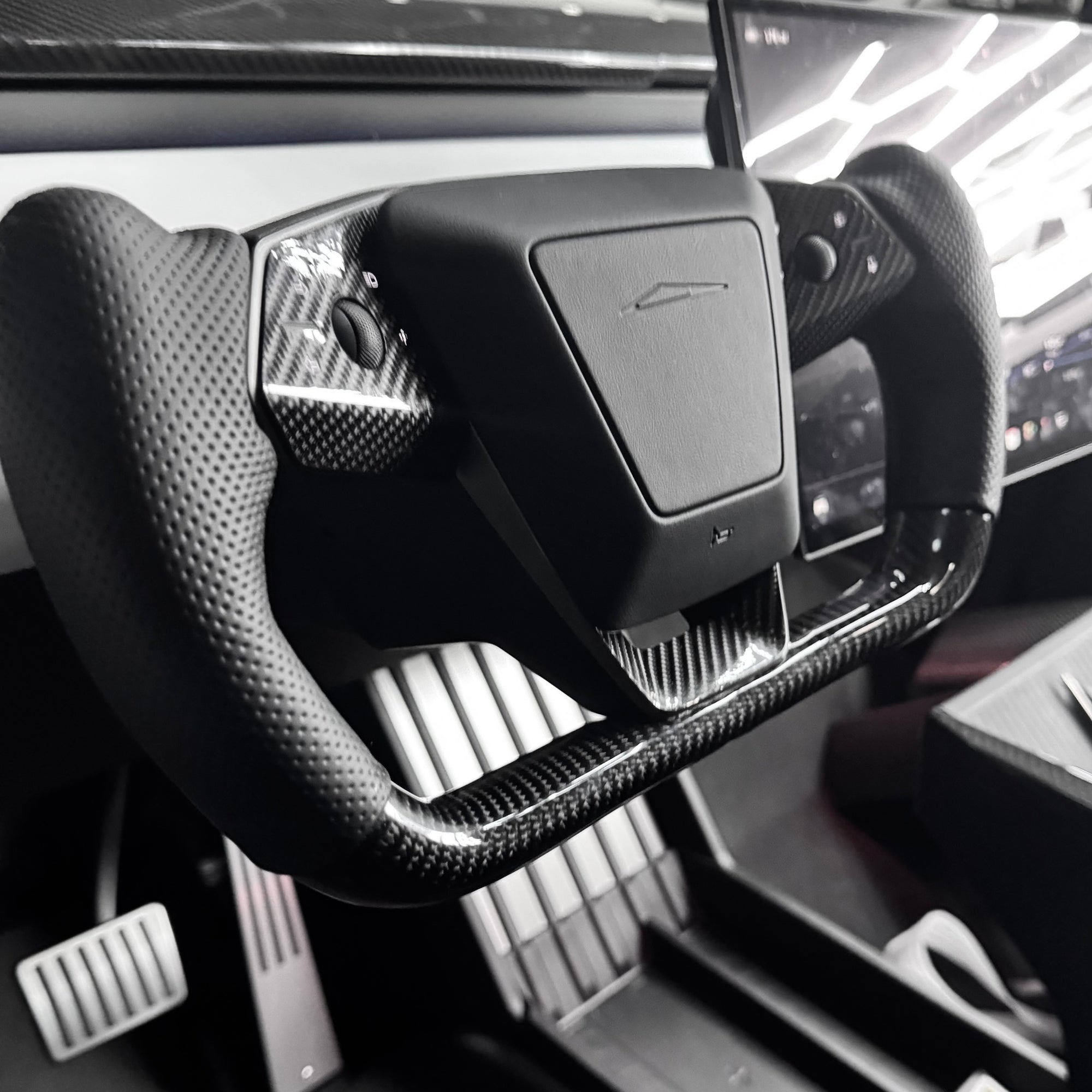 Cybertruck Heated Yoke Steering Wheel - TESLA Factory Original Core, Reshaped &amp; Resurfaced in Real Molded Carbon Fiber &amp; Napa Leather