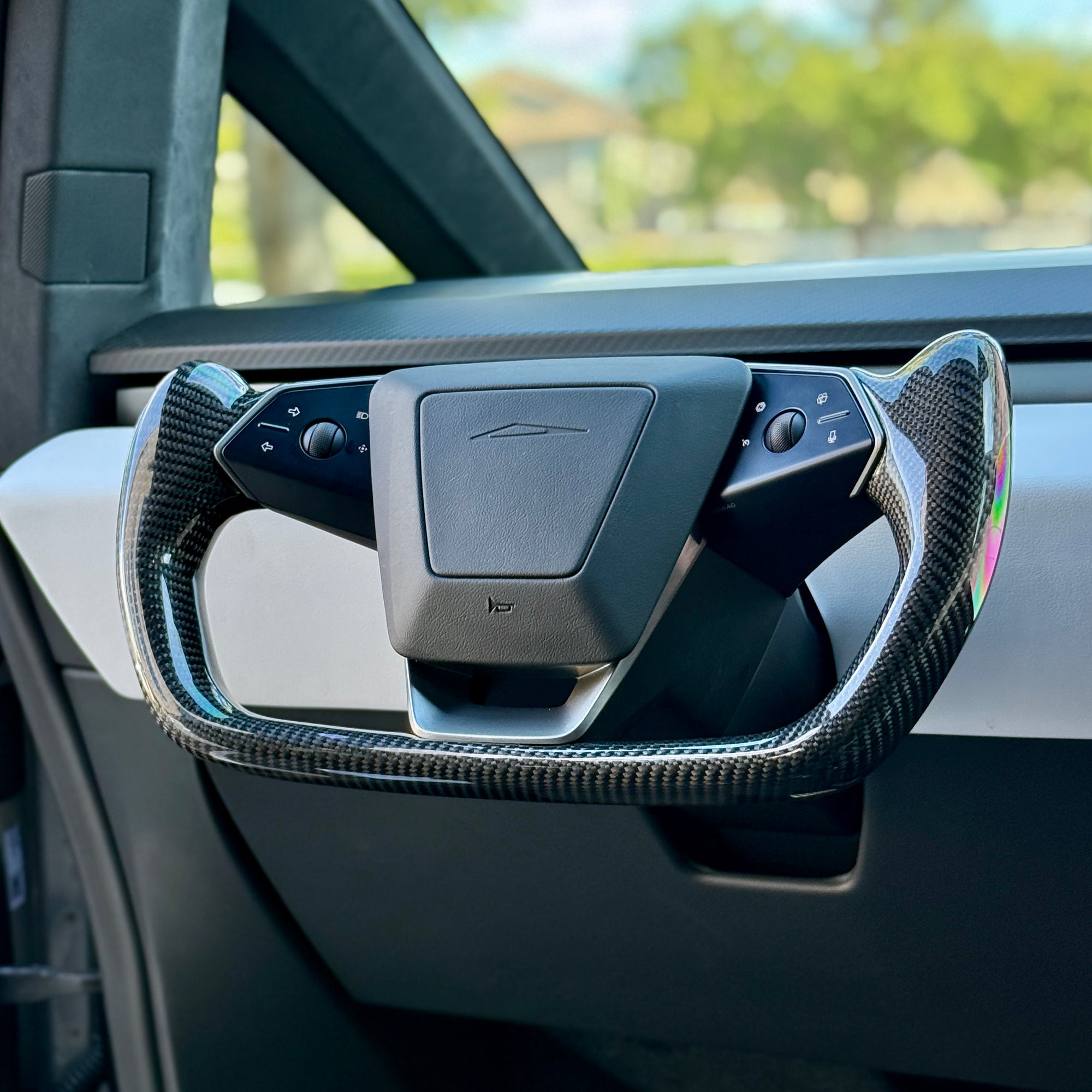 Cybertruck Yoke Steering Wheel - TESLA Factory Original Core, Reshaped &amp; Resurfaced in Real Molded Carbon Fiber