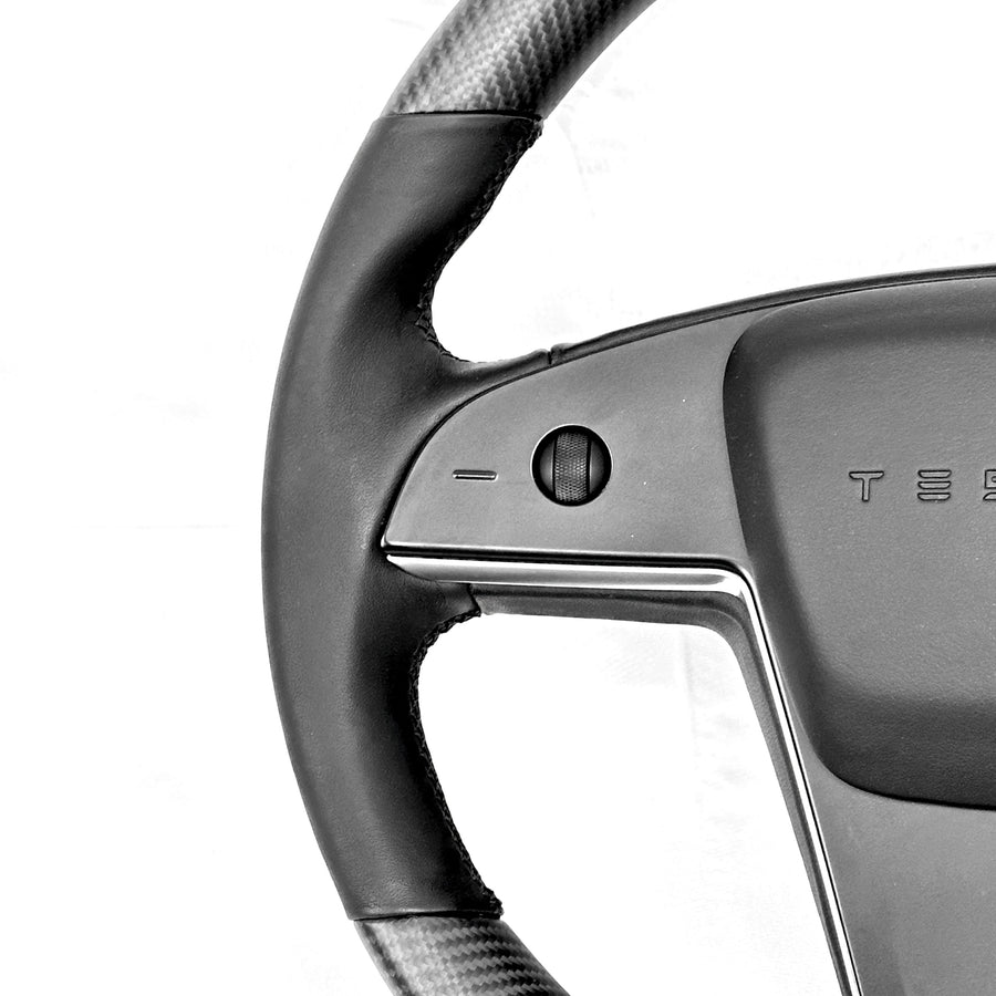2021+ | Model S & X Round Steering Wheel Upgraded with Leather & REAL MOLDED CARBON FIBER