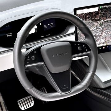 2021+ | Model S & X Round Steering Wheel Upgraded with Leather & REAL MOLDED CARBON FIBER
