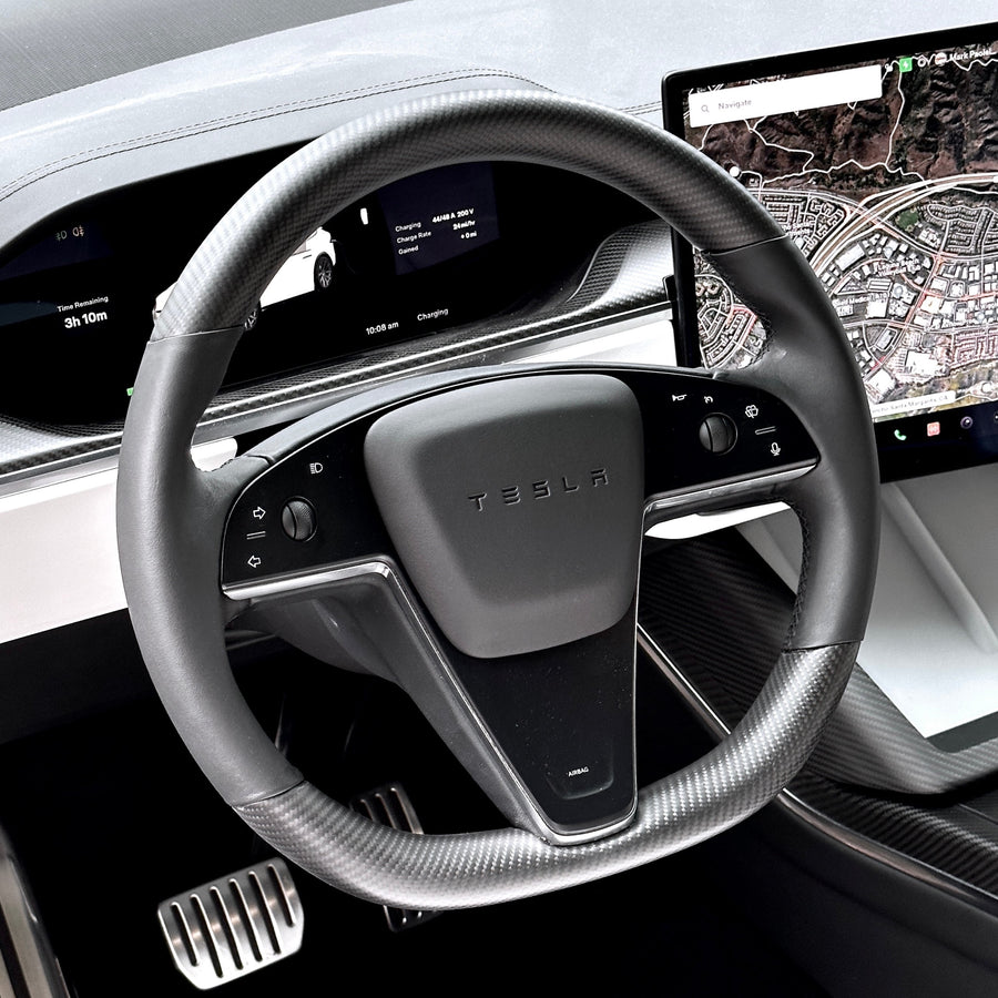 2021-2023 | Model S & X Round Steering Wheel Upgraded with Leather & Real Molded Carbon Fiber