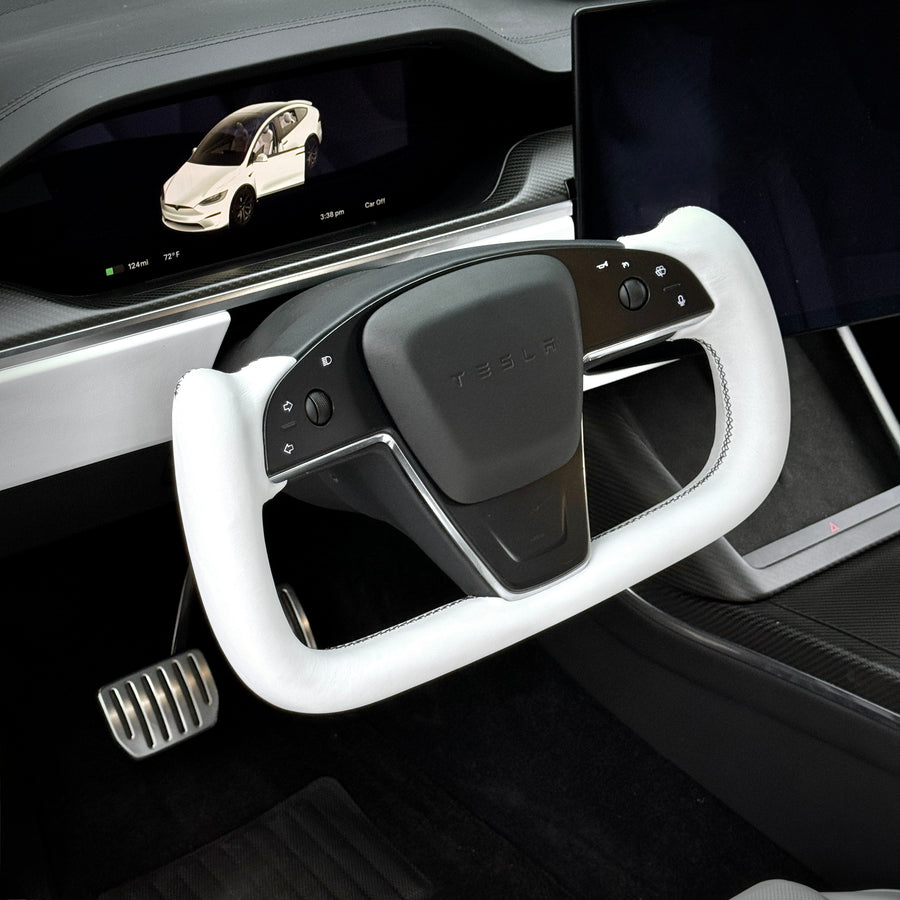 2021-2023 | Model S & X Yoke Steering Wheel Upgrade, TESLA Factory Original Resurfaced with Real Leather - Heated