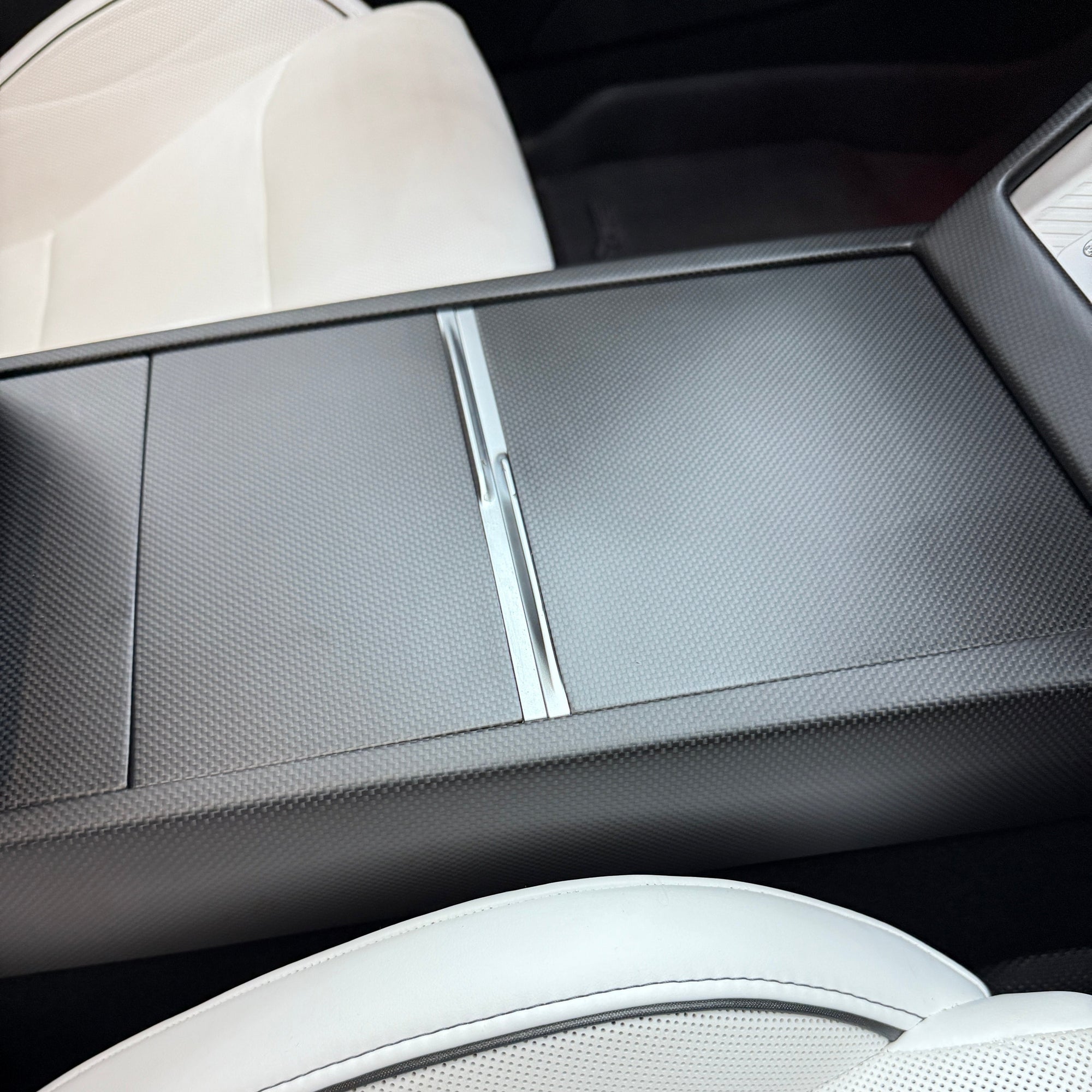 2024+ | Model 3 Highland Refreshed &quot;Plain Weave&quot; (Performance Look) Center Console Combo Side Panel &amp; Charging Pad Overlay (1 Piece) - Real Dry Molded Carbon Fiber