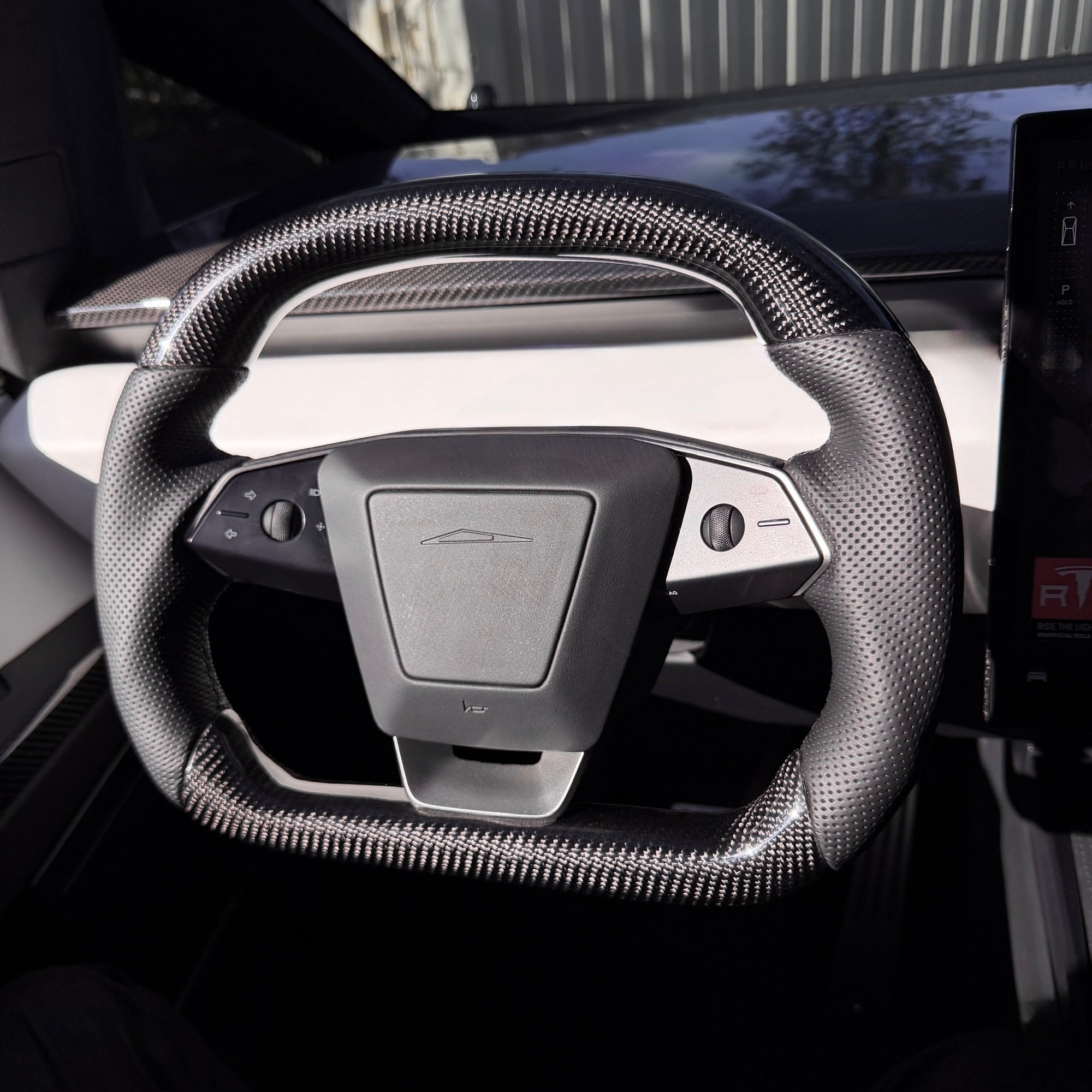 Cybertruck Round Sport Grip Style Steering Wheel Heated - TESLA OEM Core, Reshaped &amp; Resurfaced in Carbon Fiber &amp; Napa Leather