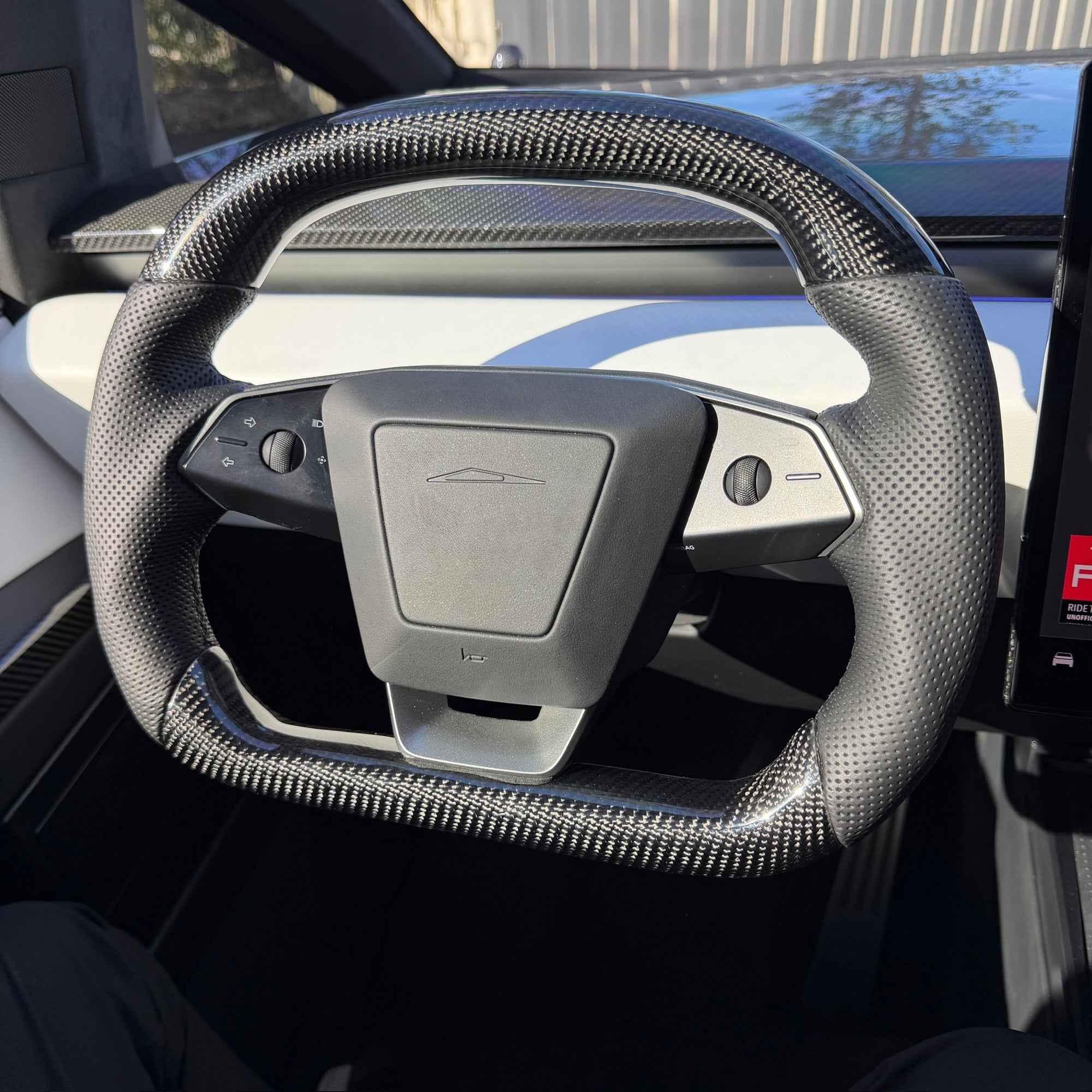 Cybertruck Round Sport Grip Style Steering Wheel Heated - TESLA OEM Core, Reshaped &amp; Resurfaced in Carbon Fiber &amp; Napa Leather